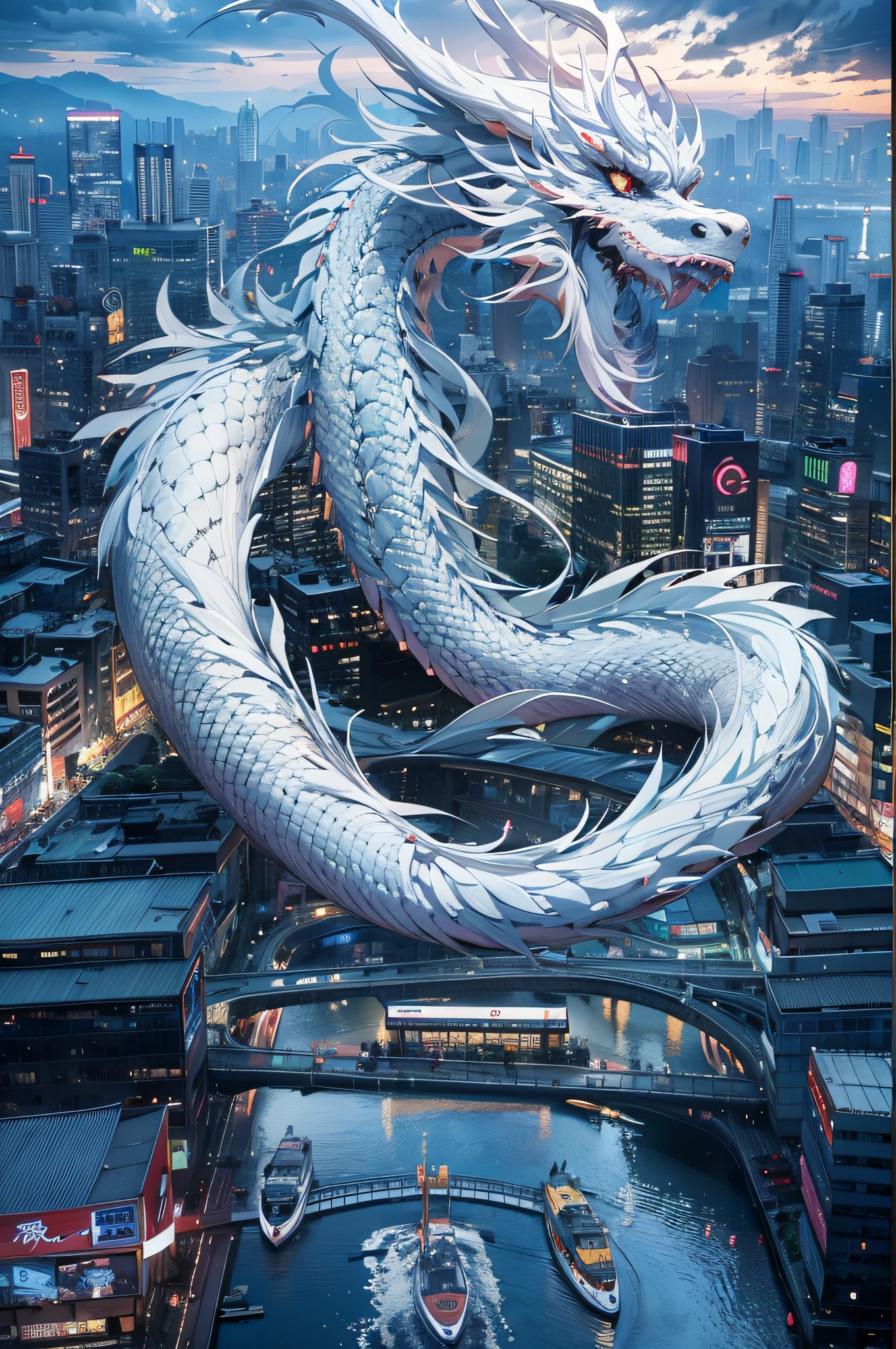 White Chinese dragon flying in the sky、Dragon body intact，A lot of clouds,dense fog、starrysky、themoon,chaotic future city、Movie dystopia、A group of very tall skyscrapers stands in the center、complex cityscape, japan skyscraper、neon，led light, Signs、the street lights、cabs、bus、trains、The lights are quite dim、The Dark Road、Water reflection、Chaotic、Beautiful and dreamy scenery、A cinematic scene、high high quality、On the table,8K、A high resolution