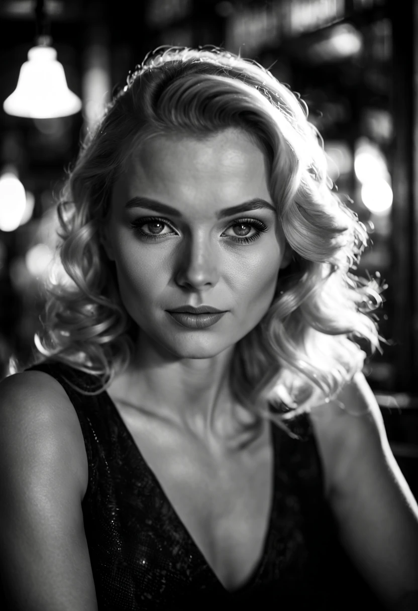 in the style of nklnor, film-noir,beautiful blonde woman,angelic face, sitting in a pub, (soft light beam on her eyes), high quality, dslr, Fujifilm XT3, qhd,(black and white filter)