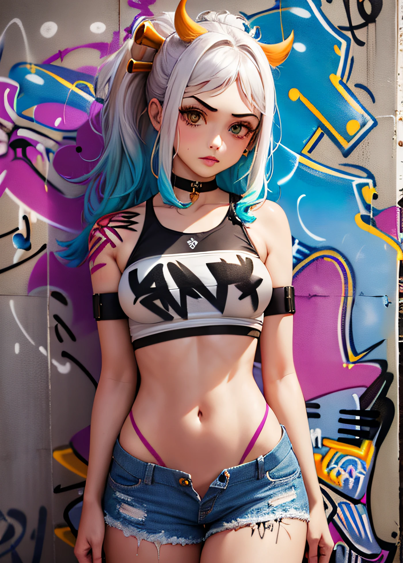 masterpiece, best quality, 1girl, solo, crop top, denim shorts, choker, (graffiti:1.5), paint splatter, arms behind back, against wall, looking at viewer, armband, thigh strap, paint on body, head tilt, bored, multicolored hair, aqua eyes, headset, yamato,