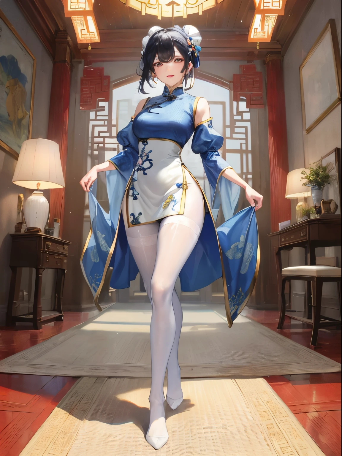 Masterpiece, best, 1 female, blue clothes, blue cheongsam, full body photo, ancient Chinese style, white cloth bun bun, black hair, shoulders, big breasts, slender legs, smile, white pantyhose, pantyhose lace side, white underwear, pale pink lips, embroidered dress