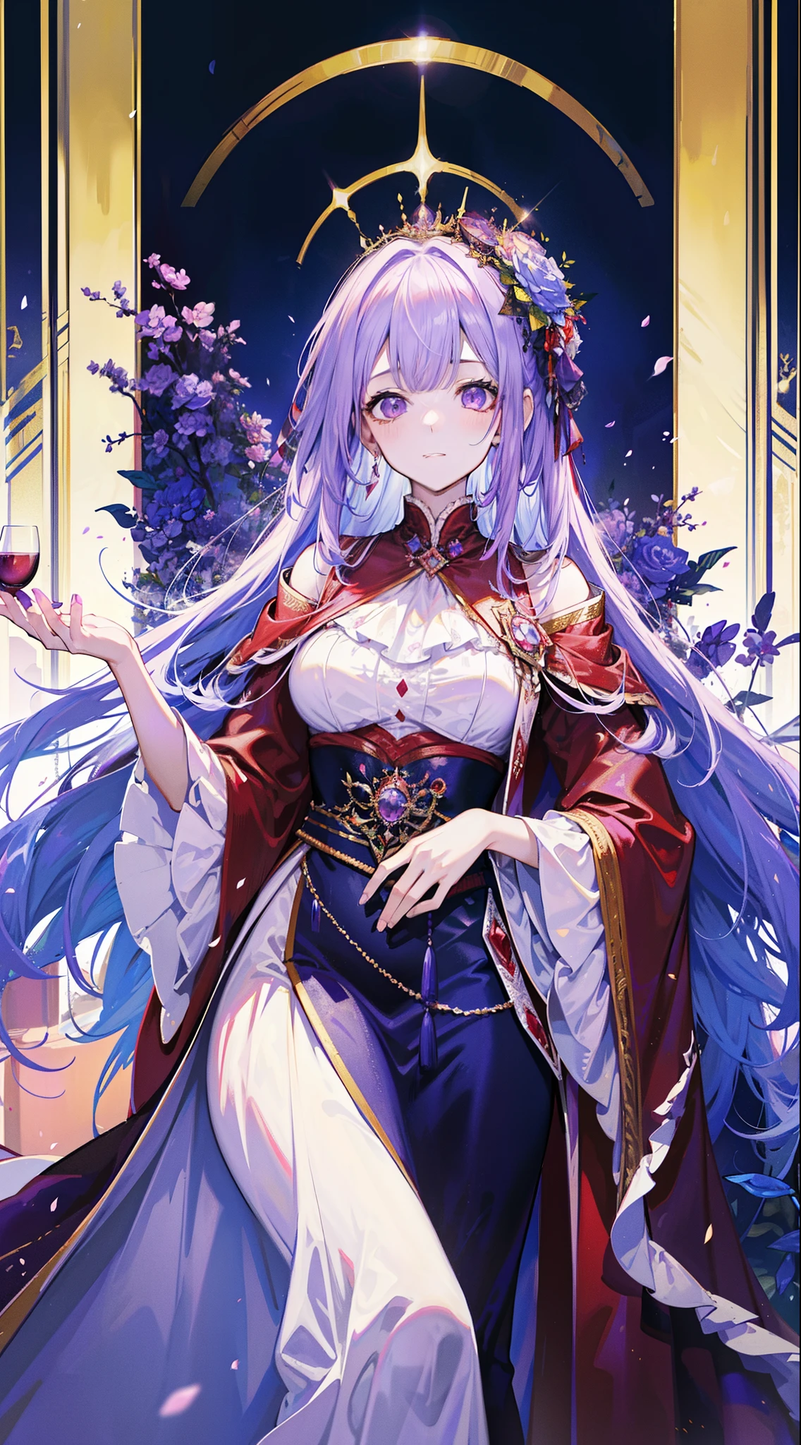On the basis of pursuing the best image quality,Detailed depiction of the Queen Mother of the West’s gorgeous costumes,Purple wide robe、Luxurious color schemes commonly used in palaces、Beautiful fairy tale details。(purple and red robe+Luxurious color scheme+Wonderland sense