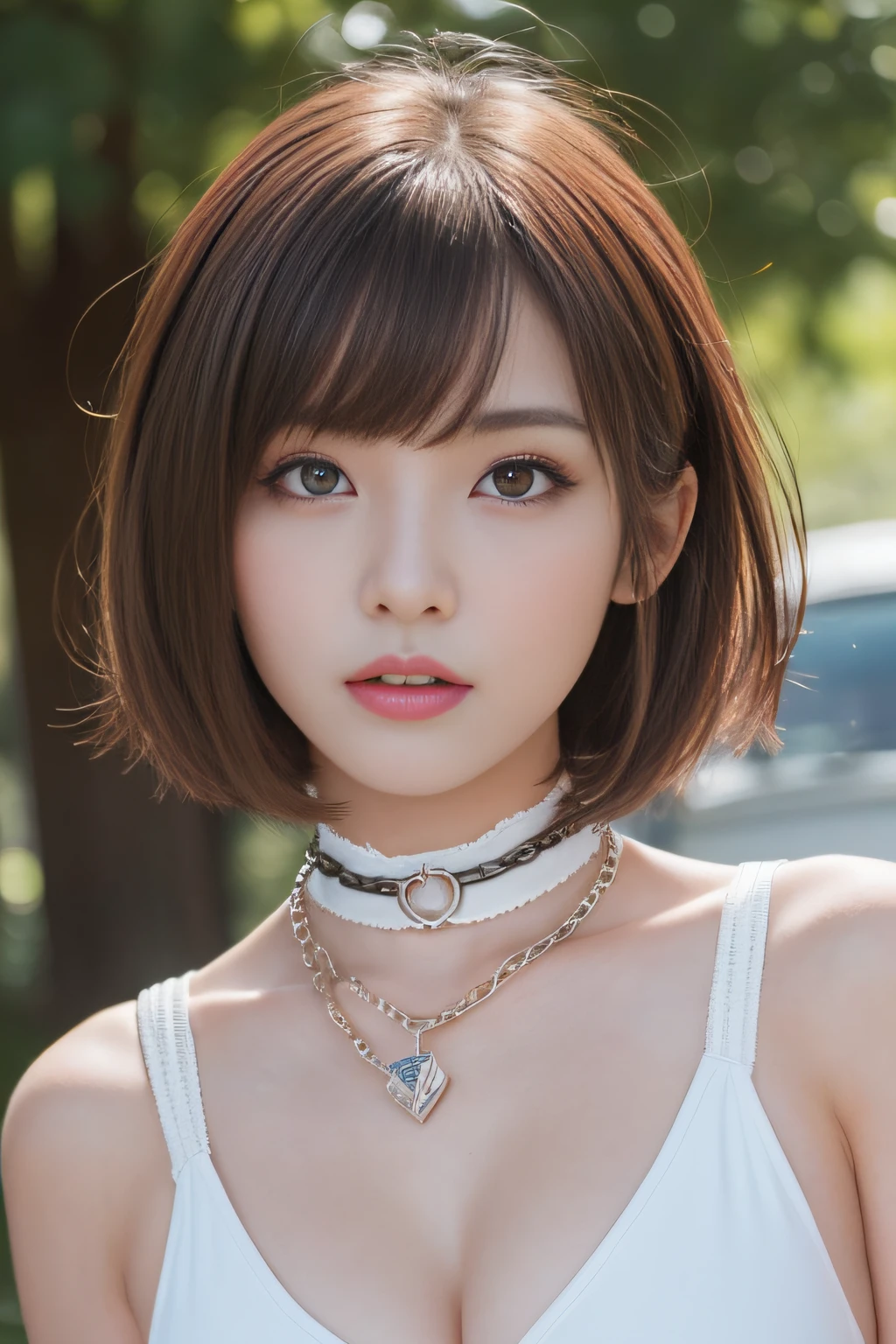 masutepiece, Best Quality, One girl, (Beautiful Girl:1.3), (:1.2), Very fine eye definition, (Symmetrical eyes:1.3), NSFW, (cute little、Highly detailed mini dress with open neckline:1.3), Beautiful breasts, Brown eyes, Parted bangs, Brown hair, Upper teeth、Background outdoor、chain and lock choker