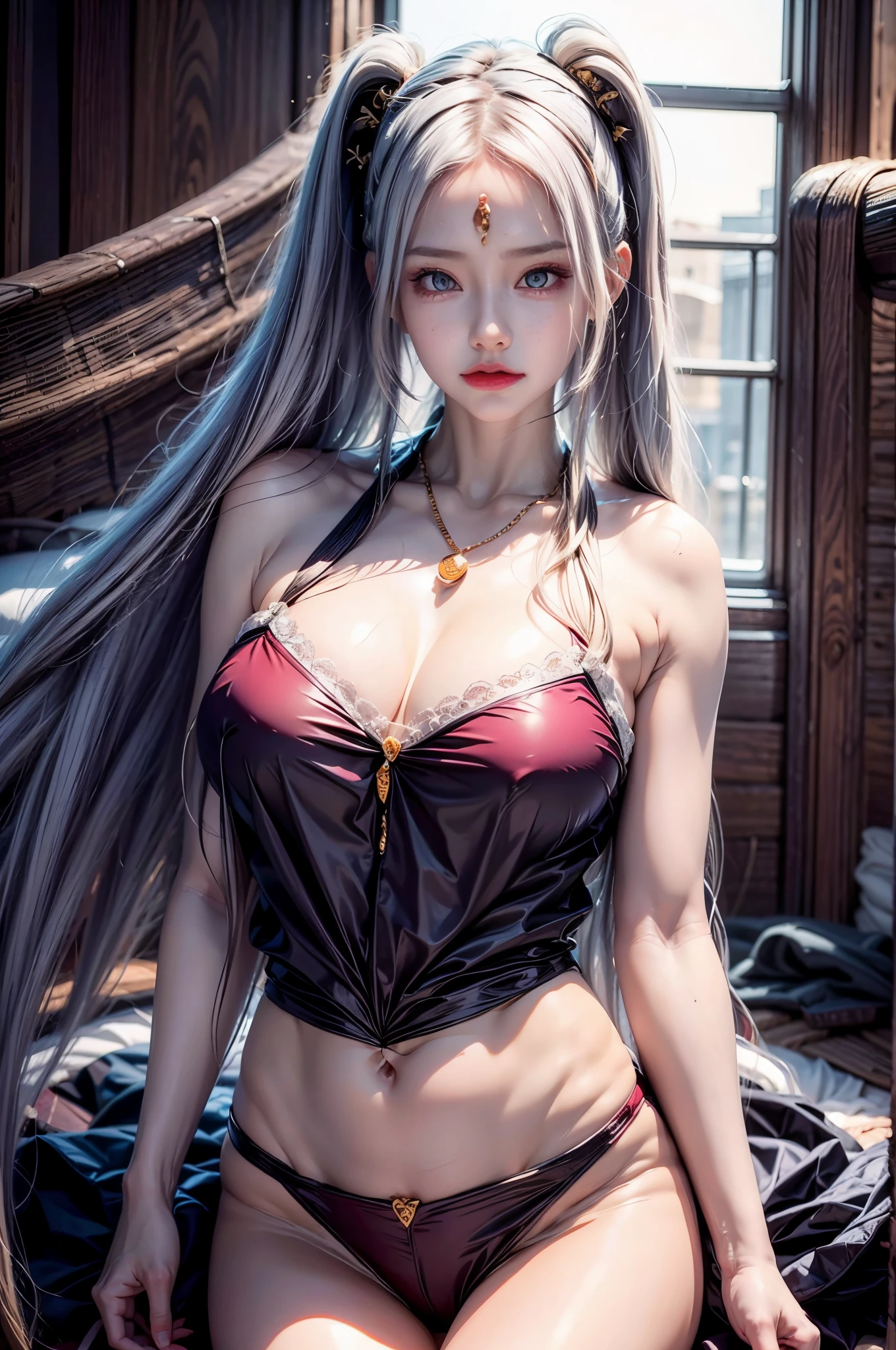 realistic, 1girls, best quality, 12k, HD, long hair, big round breasts, cleavage, ponytail, necklace, jewelry, shorts, short jacket, slim hips, hair tie, yellow eyes, black hair, super detailed, Detail eyes, hair details, person details, mouth details, face details, breast details, clothes details, hair details, pants details, hand details, whole body
