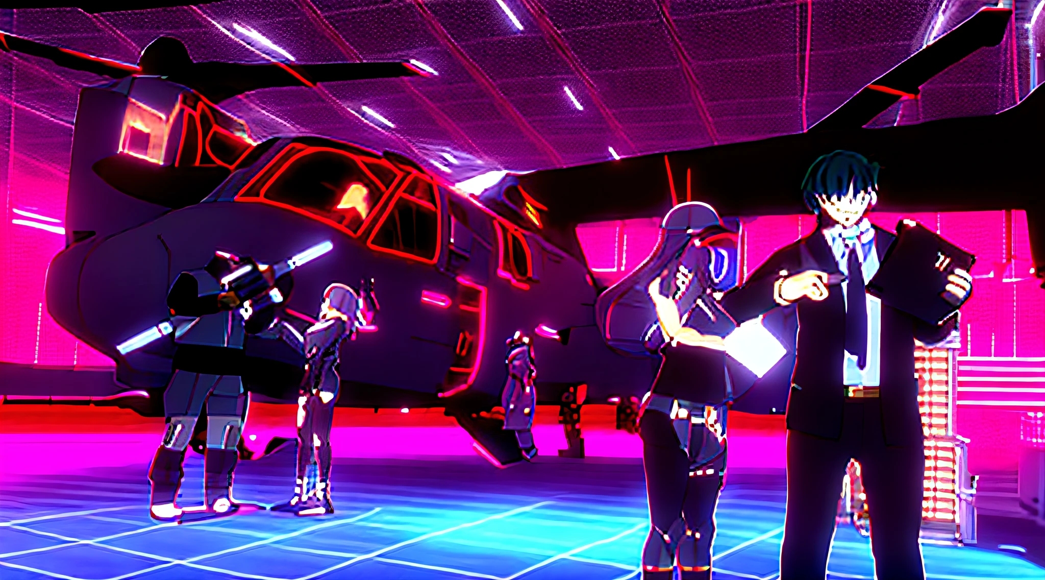 anime characters standing in front of a black airplane in a hangar, video game screenshot>, blue - ray screenshot, noire moody scene, vrchat, pc screenshot, 2 d anime, pixiv 3dcg, anime bullet vfx, rings asuka iwakura station game, nier automata spaceship style, screenshot from ???? anime, visual novel cg