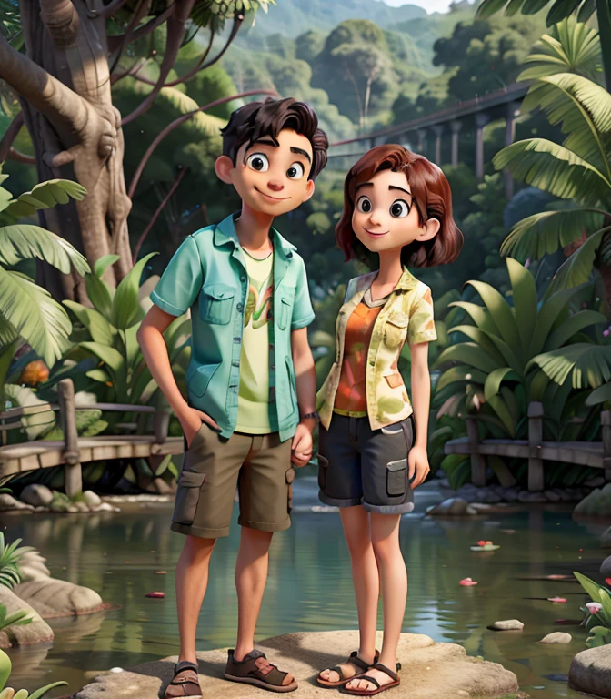 there are two people standing next to each other near a river, in lake, in love selfie, lovely couple, in jungle, couple, connected with hanging bridge!!, in jungle forest, selfie photo, in jungle forest !!!, candid picture, jayison devadas, in a park, selfie photography, by Max Dauthendey, near a lake, couple pose