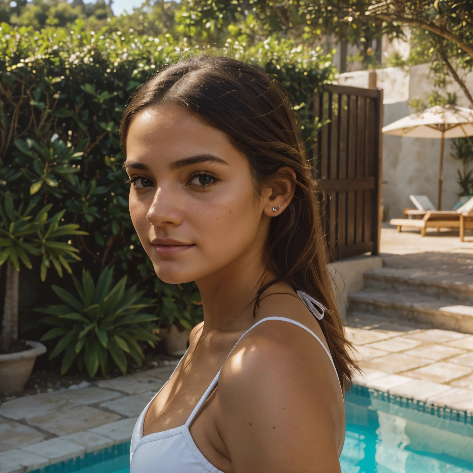 to a 23-year-old Bolivian girl with disheveled brown hair, piel clara, ojos claros, mirando la piscina de espalda, wearing a simple bikini and swimming blouse in the pool