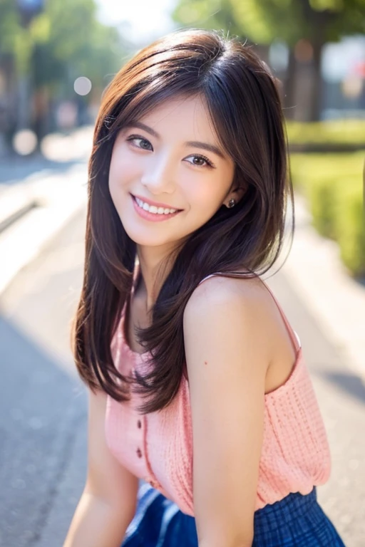 Beautiful woman with good eyes and nose、Beautiful as a model、Cute like a model、Eyes are double、How to use regular mascara、Eye color blue、Hair color pink、Her face is delicate and elegant.、imagem 4k、Beautiful style like a model、Ordinary large、A refreshing and lovely smile、Yellow blouse、plain orange mini skirt、University campus on a sunny day、Pose like a model、Overall portrait、Snapshots、Glamorous、Bright smile、Beautiful and delicate face like a model、Best Quality、masuter piece、