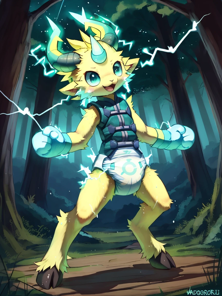 ((by wadorigi on Twitter)(Lamb)), pokemon, kid proportions, cute, adorable  , thin thighs, hooves,  upper limb hooves, yellow fur,  horns with electricity, (teal and yellow electricity), teal lightnings on surroundings, wearing soggy messy padded  diaper, wearing dark yellow vest, (leather padded  fist mitts), tied arms with straps, kung fu pose, in forest