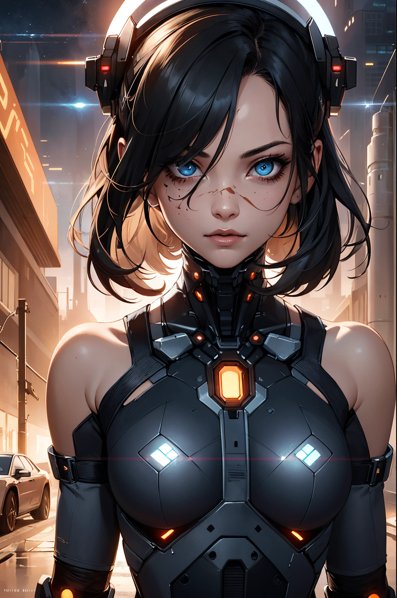 1girl,cyber punk style,Shoulders exposed,extreme light,laser,desert,Doomsday mech,Save the world,The car of the future,Sci-fi cars,Equipment,Perfect hair,Wear jewelry on your head,Perfect hair shine,extreme light,kosmos,the space,The sci-fi city of the future,During the day,sci fi background, Perfect facial detail, realistic skin textures, allure, in a panoramic view,Perfect eyes,eyeslashes
