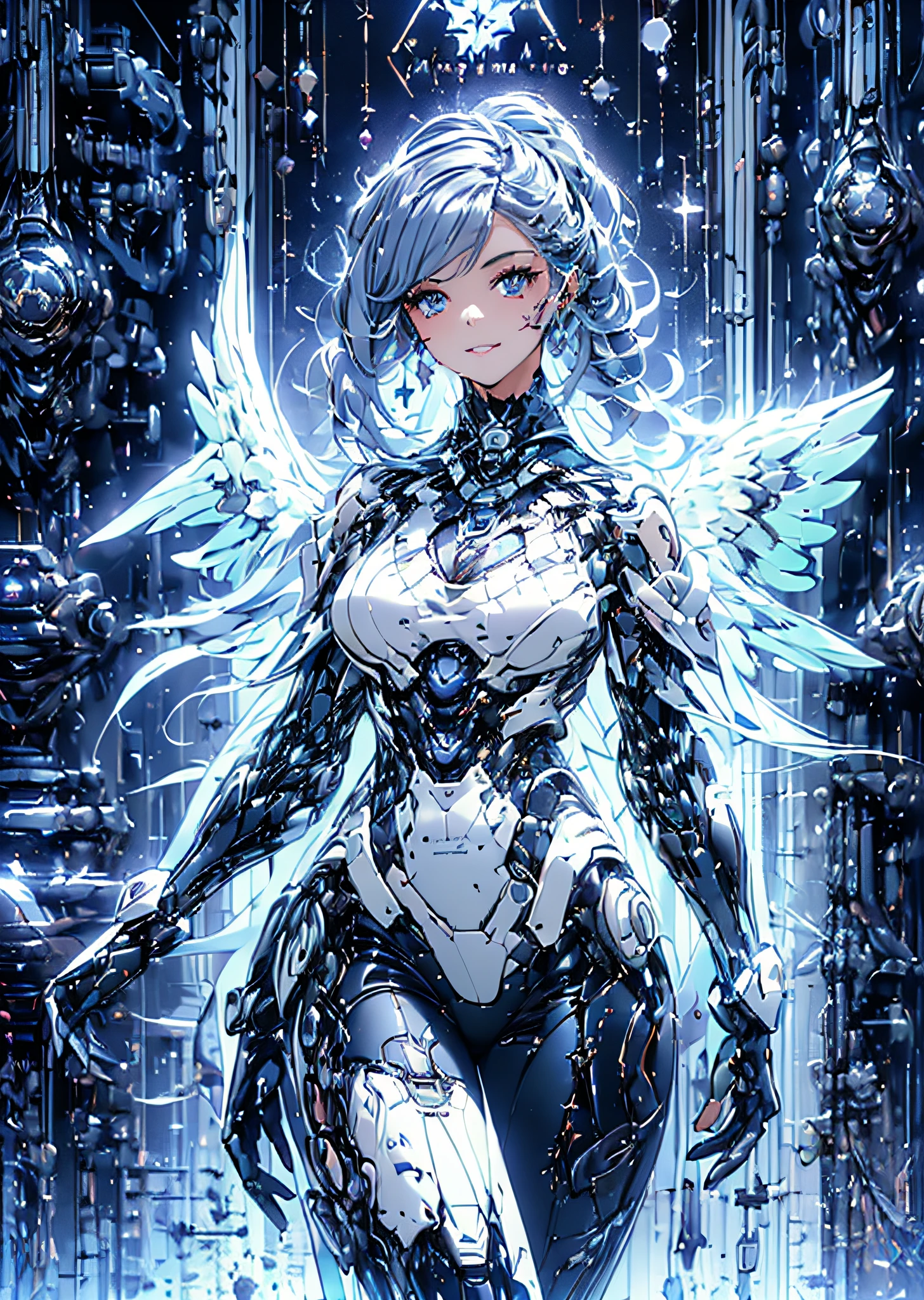 1 girl, robot, angel, wings, top-quality、masterpiece、(Photorealsitic:1.4)、Raw photo、Battle Cyborg Angel、large wings made of metal、White porcelain body、Acrylic Clear Cover、white hair、glowy skin、1 Cyborg Girl、((super realistic details))、portlate、globalillumination、Shadow、octan render、8K、ultrasharp、character edge light,Raw skin is exposed in cleavage、Details of complex ornaments、Gothloli details、Hydraulic cylinder、Small LED lamp、highly intricate detail、Realistic light、a purple eye、radiant eyes、Facing the camera、neon details、cowboy shot、Futuristic headgear、About Cyberpunk