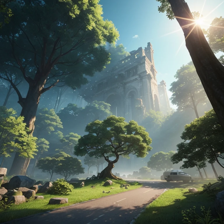 masutepiece, Best Quality,Ultra-detailed, fine detailed, 8K, Scenery, landscape, No humans, Wide Shot, Wrapped in thick fog, twilight sky, a mysterious giant splendid tree that seems to cover the world with lush green leaves, Multiple large floating islands, Multiple towers of various sizes, Ancient buildings, Ruins, Cityscape, forest, Waterfall, Nature, ray tracing, refraction, cinematic lighting, fisheye lens, tyndall effect