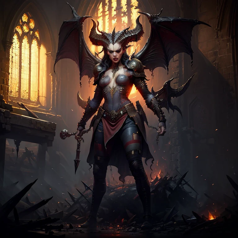 Lilith inside a church, fire, lightning, blood, full body, in the style of D14bl0