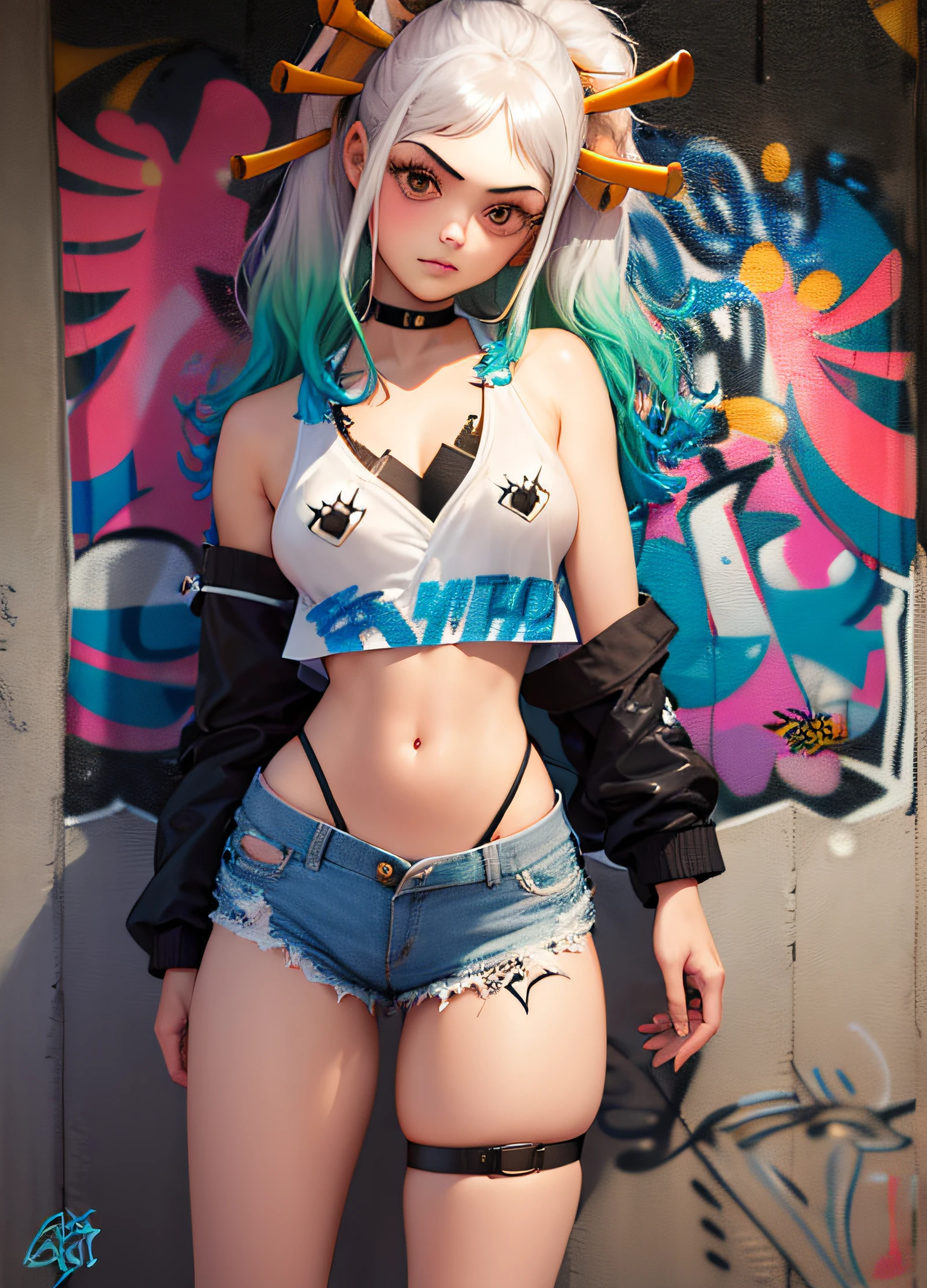 masterpiece, best quality, 1girl, solo, crop top, denim shorts, choker, (graffiti:1.5), paint splatter, arms behind back, against wall, looking at viewer, armband, thigh strap, paint on body, head tilt, bored, multicolored hair, aqua eyes, headset, yamato,