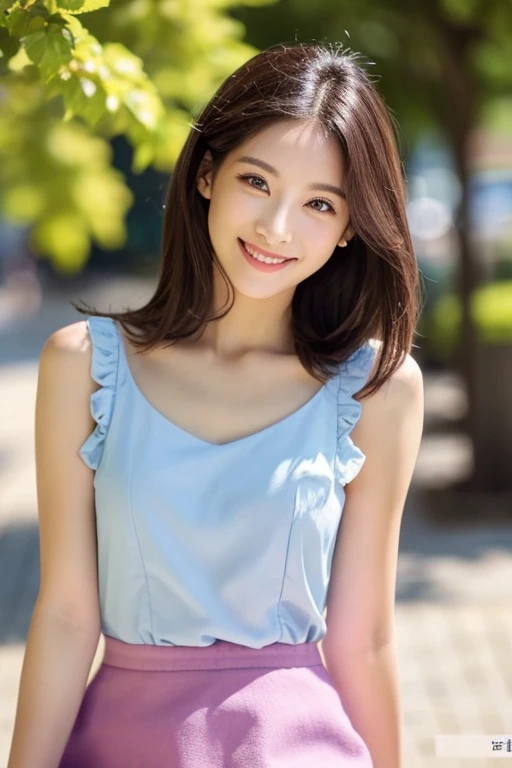 Beautiful woman with good eyes and nose、Beautiful as a model、Cute like a model、Eyes are double、How to use regular mascara、Eye color blue、Hair color pink、Her face is delicate and elegant.、imagem 4k、Beautiful style like a model、Ordinary large、A refreshing and lovely smile、Yellow blouse、plain orange mini skirt、University campus on a sunny day、Pose like a model、Overall portrait、Snapshots、Glamorous、Bright smile、Beautiful and delicate face like a model、Best Quality、masuter piece、