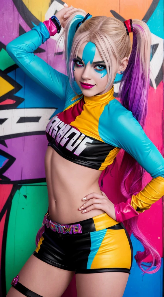 Harley Quinn, the {seductive and unpredictable anti-heroine}, entices with her {two-piece ensemble} in this {captivating portrayal}. The image should convey her {bold and vivacious character}. Incorporate {dynamic and energetic colors} to enhance the {fun and lively ambiance}. Composition: {Three-quarter shot} to showcase her {playful antics} and {expressive eyes}. Surroundings: Set the scene in a {colorful and chaotic backdrop} that complements her {mischievous persona}