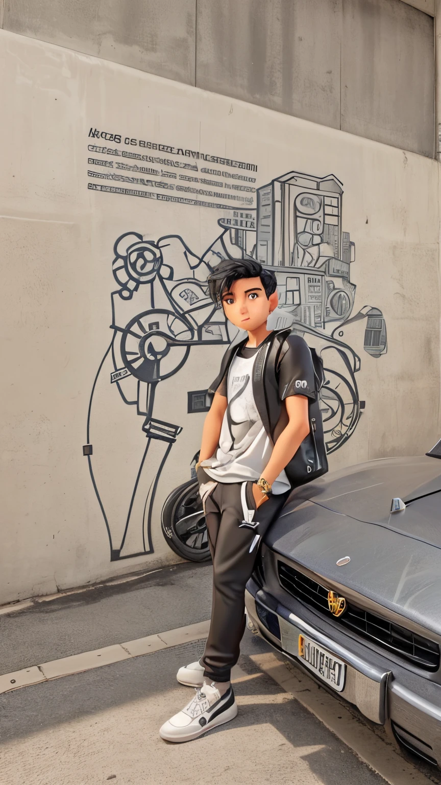 Young guy with black comma hair, black oversized moschino money tshirt, black pants, white shoes, silver rolex watch leaning toward a sports car in fron of a art wall