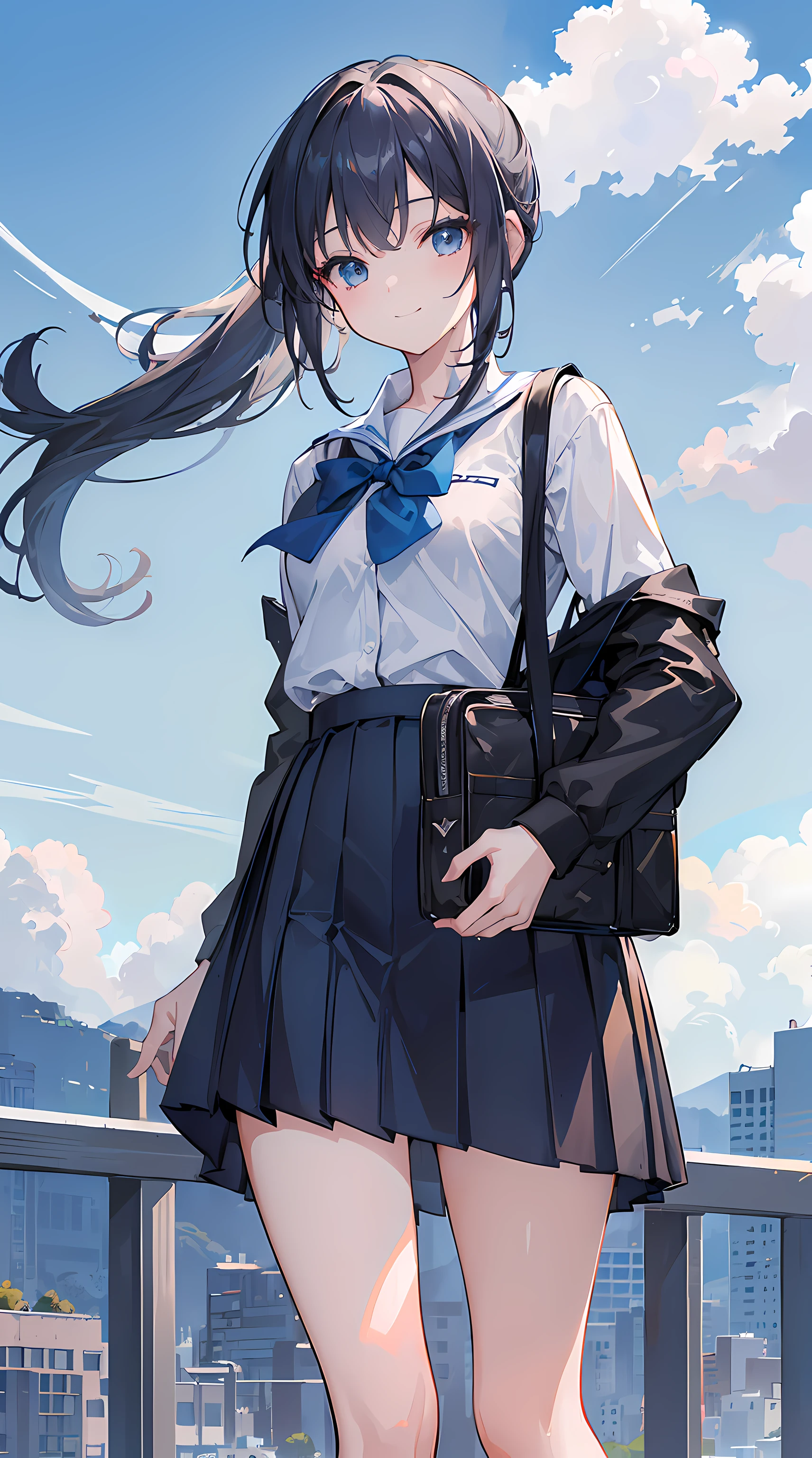 ((masterpiece)), ((best quality)), ((highres)), ((extremely detailed CG unity 8k wallpaper)), solo, girl with white long ponytail hair blue shading, gray eyes blue shading, tan school uniform, dark blue shirt skirt,carries black schoolbag, mappa studio, she smiles, beautiful blue sky scenery in the background
