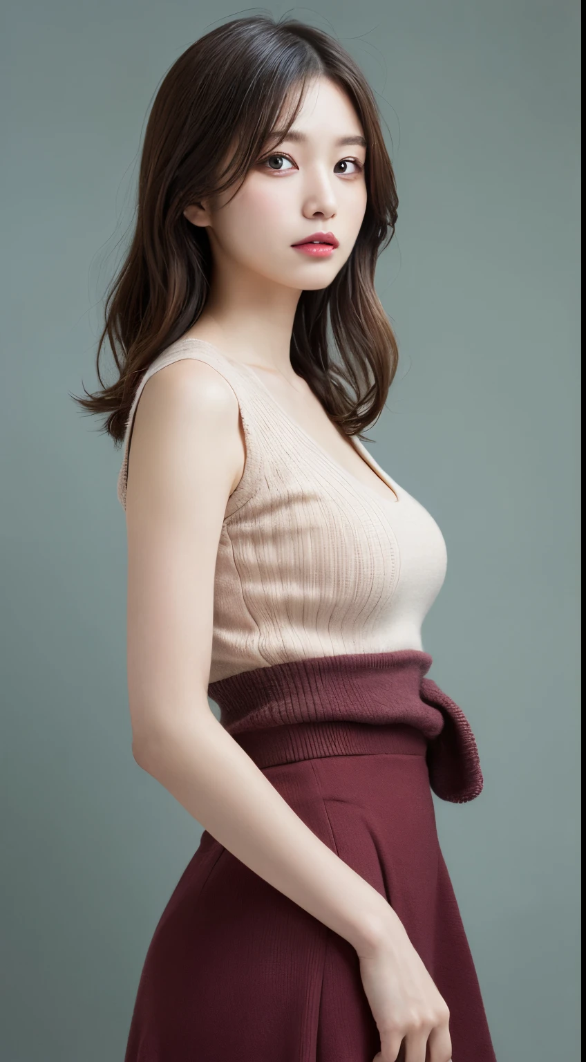 masutepiece, Best Quality, Illustration, Ultra-detailed, finely detail, hight resolution, 8K Wallpaper, Perfect dynamic composition, Beautiful detailed eyes,  Natural Lip,Sleeveless knitwear:1.9,Small tight skirt,cleavage,Full body