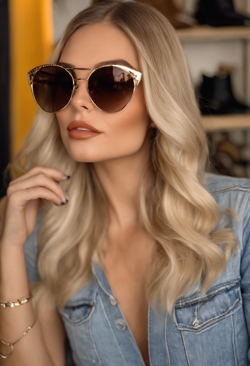 A photo of LA influencer chick trying on a new pair of designer sunglasses at a trendy boutique.,original,She is blonde, young, beautiful, lives in Hollywood, and takes a selfie