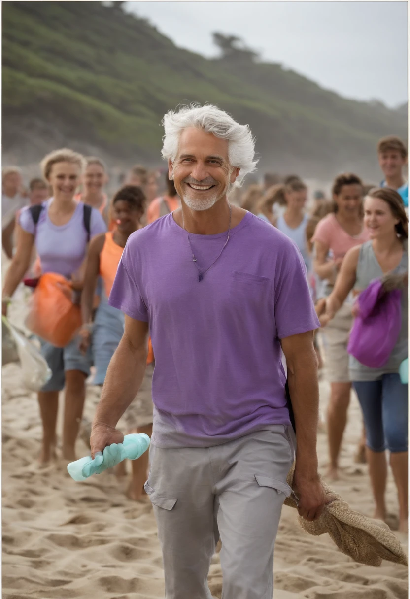 A photo of the character leading a group in a beach clean-up with a team of volunteers.,original,silver haired man with purple eyes, kind face, sweet smile, sharp features, late teens