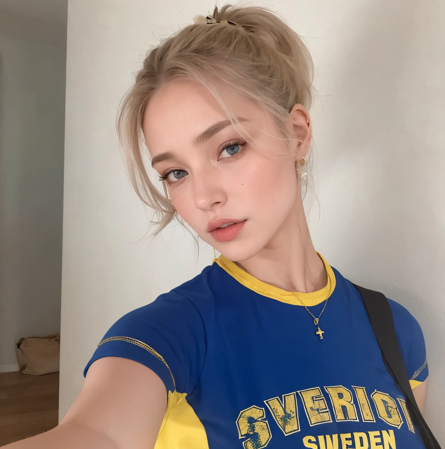 mulher loira com camisa azul e saco preto tirando selfie, Yelena Belova, mulher sueca loira, Beautiful Nordic woman, Angelina Stroganova, Taran Dasha, Viktoria Gavrilenko, imagem vazada, 18 anos, Irina Nordsol Kuzmina, Anna Nikonova aka Newmilky, with pale skin, Estilo de Julia Razumova