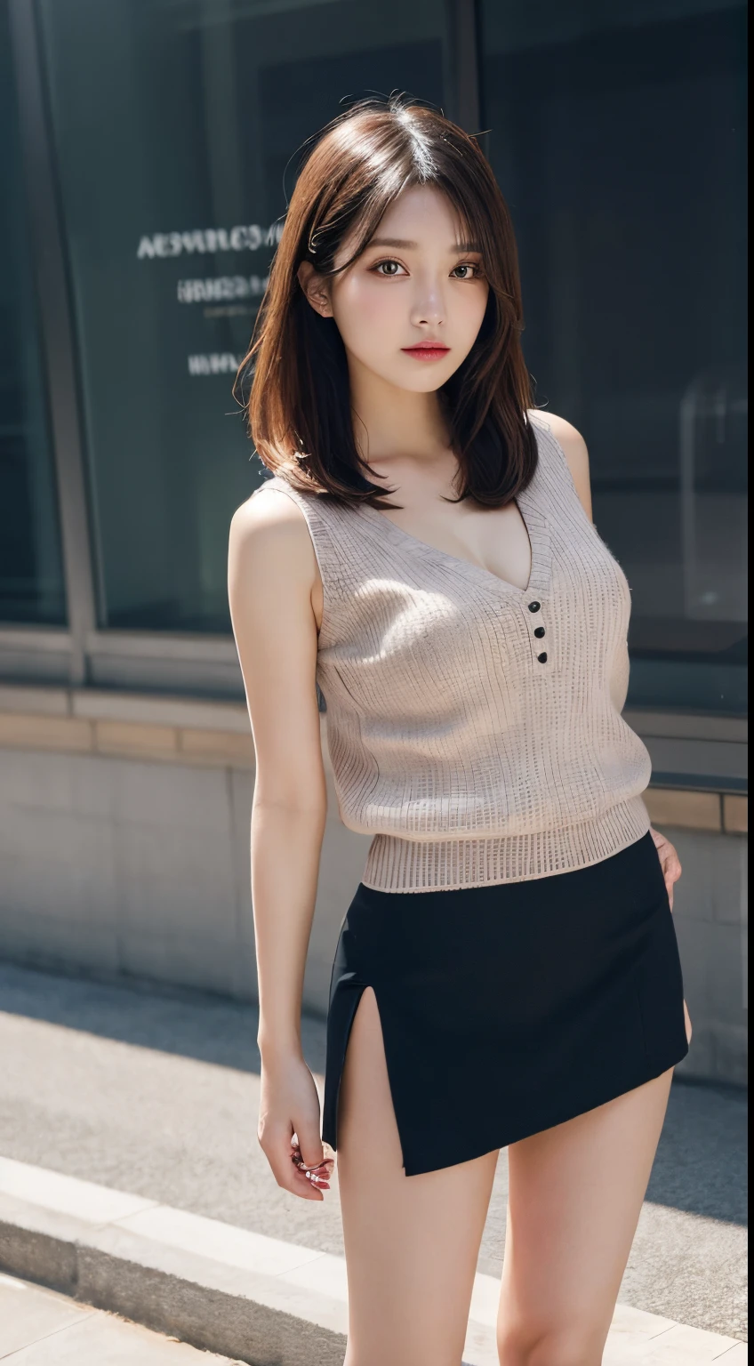 masutepiece, Best Quality, Illustration, Ultra-detailed, finely detail, hight resolution, 8K Wallpaper, Perfect dynamic composition, Beautiful detailed eyes,  Natural Lip,Sleeveless knitwear:1.9,Tight skirt with slit,cleavage,thigh visible,Full body