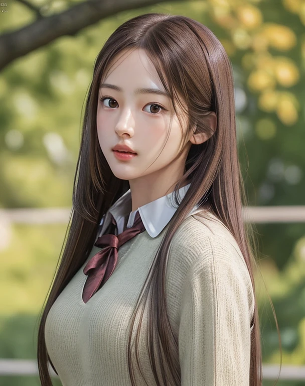 Photorealistic, masutepiece, Best Quality, Raw photo, 1girl in, Solo, Long hair, Brown hair, Detailed face, alluring face, Collared shirt, medium breasts, Dynamic Pose, Looking at Viewer, From below, Detailed background, fine detailed, intricate detailes, Ray tracing, depth of fields, lowkey, nffsw