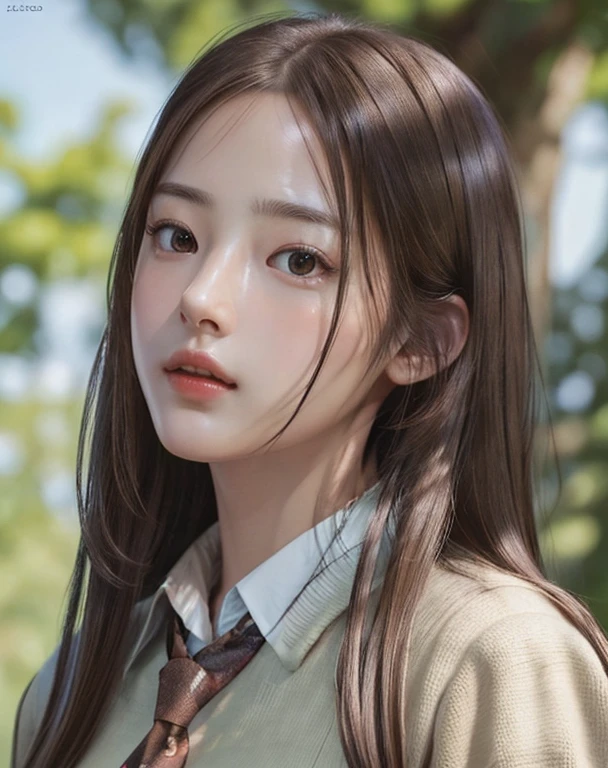 Photorealistic, masutepiece, Best Quality, Raw photo, 1girl in, Solo, Long hair, Brown hair, Detailed face, alluring face, Collared shirt, medium breasts, Dynamic Pose, Looking at Viewer, From below, Detailed background, fine detailed, intricate detailes,  Ray tracing, depth of fields, lowkey, nffsw