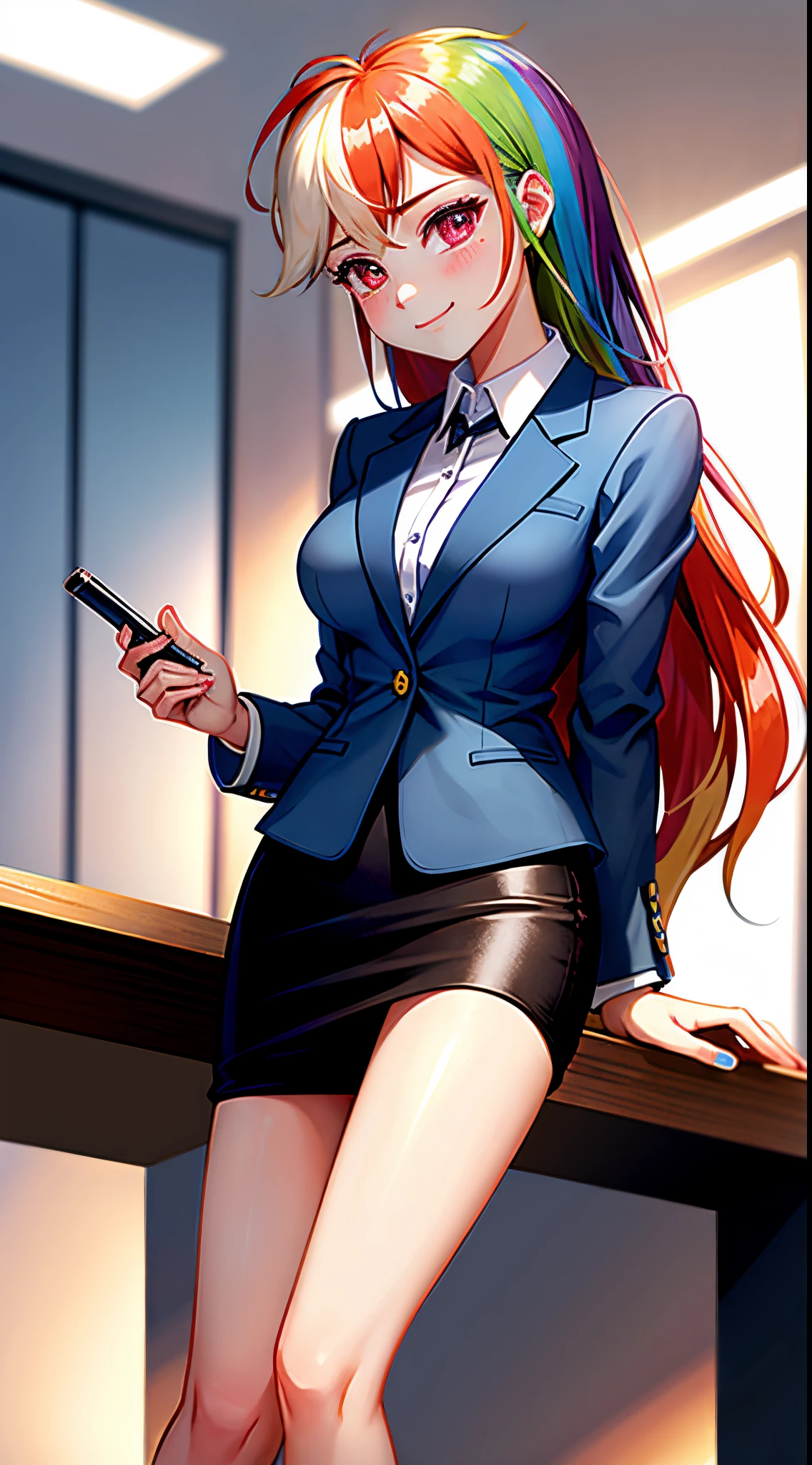 (high quality:1.2), intricate detailed, digital art, TakashiroHiroko, 1girl, mature female, solo, hand on hip, holding book, cowboy shot, looking at viewer, smile, blush, purple eyes, long hair, red hair, earrings, jewelry, teacher, blouse, bowtie, blazer, pencil skirt, thighhighs, curvy, large breasts, school, window, sky, sunlight, city, complex background, sunset,((beside, silhouette, red lipstick, side perspective))