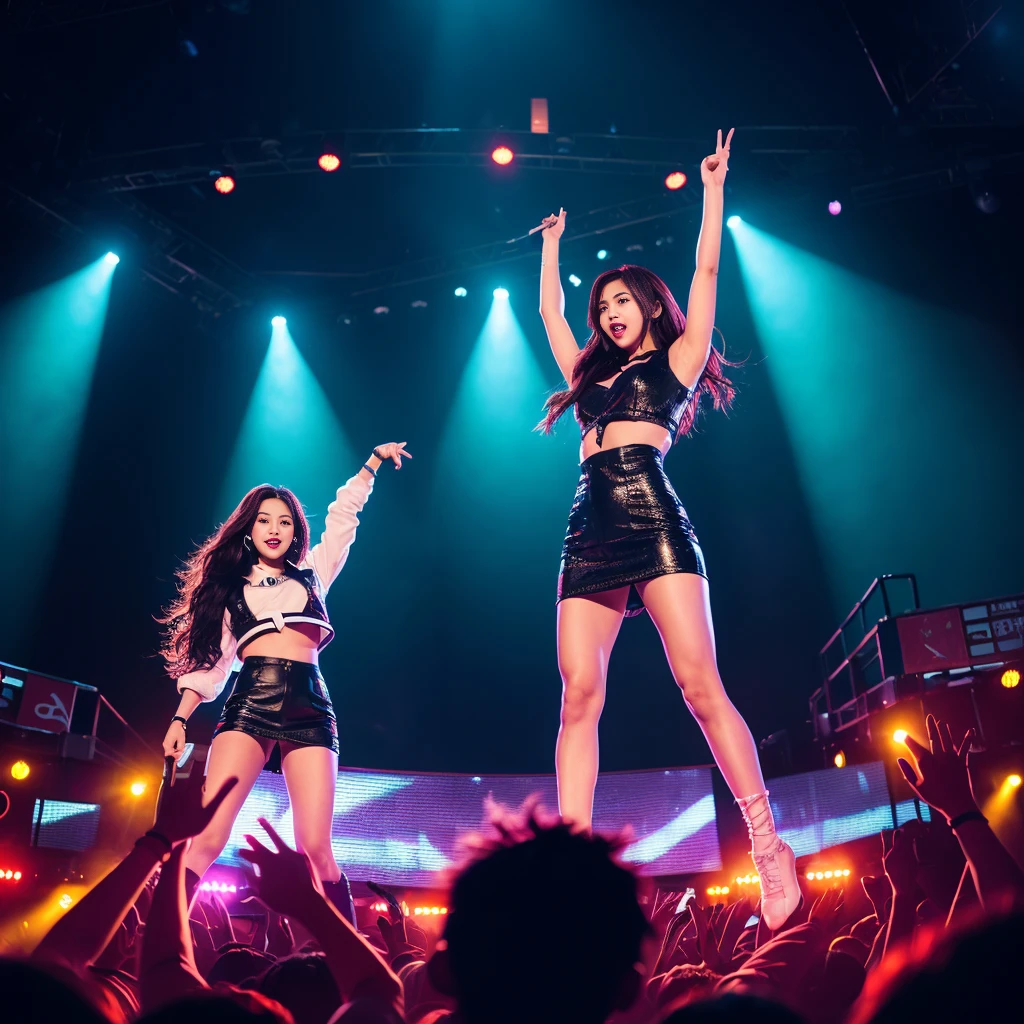 K-pop idols performing on stage, back view from down, black short tight dresses, song performance, Kpop girl group, riotous atmosphere, stage above the hall, (best quality, 8k, 16k, highres, masterpiece:1.2), ultra-detailed, (realistic, photorealistic, photo-realistic:1.37), professional, (music:1.1, performance:1.1), dynamic lighting, (moving lights:1.1, spotlights:1.1), energetic performance, powerful vocals, enthusiastic audience, dazzling stage effects, high-energy atmosphere, (excitement, adrenaline:1.1), charismatic lead vocalist, flawless stage presence, passionate performance, vibrant stage background, (cheering audience:1.1, waving light sticks:1.1), electrifying atmosphere, captivating stage presence, (explosive, high-intensity:1.1), (pop music, catchy melodies:1.1), crowd interaction, (empowering lyrics, motivational messages:1.1).