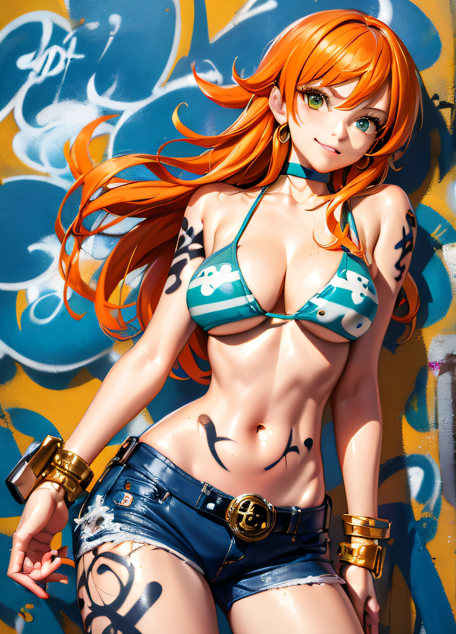 masterpiece, best quality, 1girl, solo, crop top, denim shorts, choker, (graffiti:1.5), paint splatter, arms behind back, against wall, looking at viewer, armband, thigh strap, paint on body, head tilt, bored, multicolored hair, aqua eyes, headset, Nami, Onepiece,