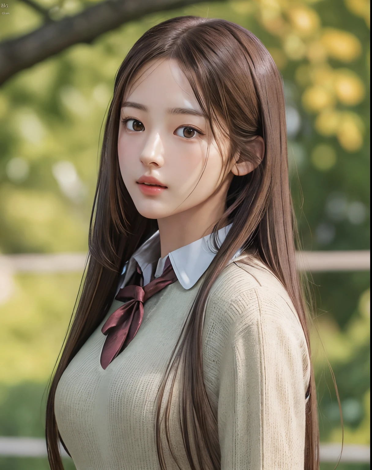 Photorealistic, masutepiece, Best Quality, Raw photo, 1girl in, Solo, Long hair, Brown hair, Detailed face, alluring face, Collared shirt, medium breasts, Dynamic Pose, Looking at Viewer, From below, Detailed background, fine detailed, intricate detailes, Ray tracing, depth of fields, lowkey, nffsw