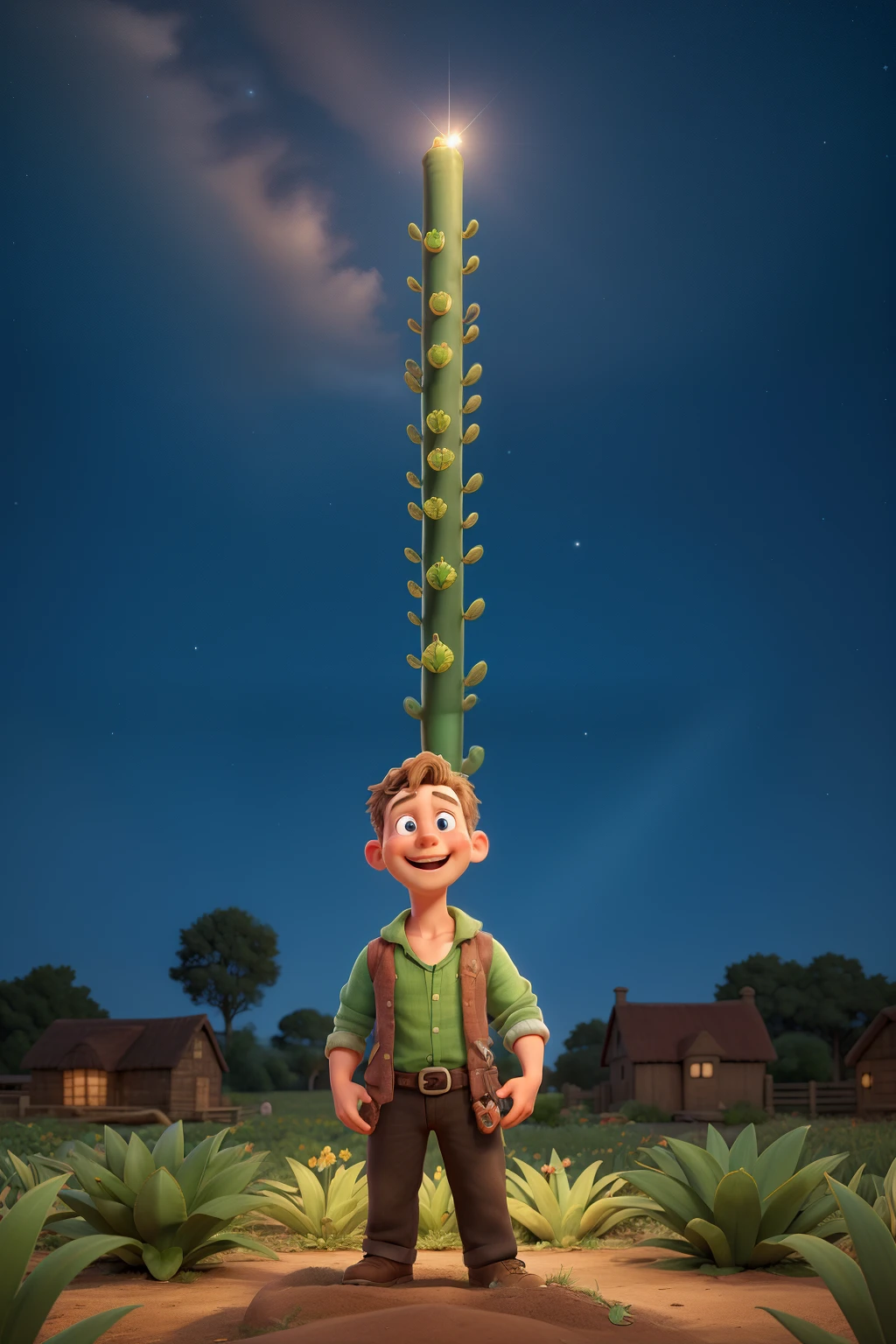 John, with a smile of amazement, watching the magic beanstalk grow towards the clouds during the night. The nighttime landscape must be magical, with twinkling stars and the beans growing dramatically.