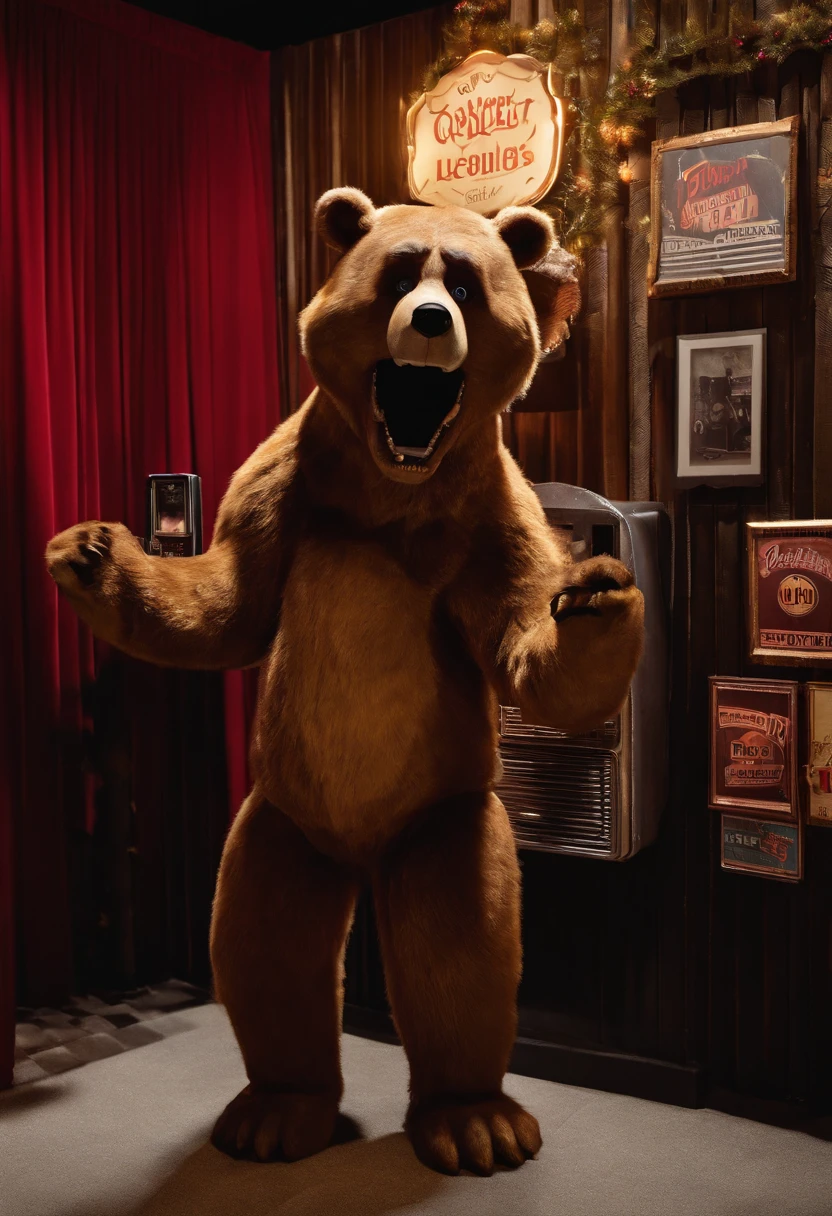 The creepy animatronic bear is standing in front of a vintage photo booth, pulling silly faces and sticking out its robotic tongue.,Five Nights at Freddy's,freddy fazbear