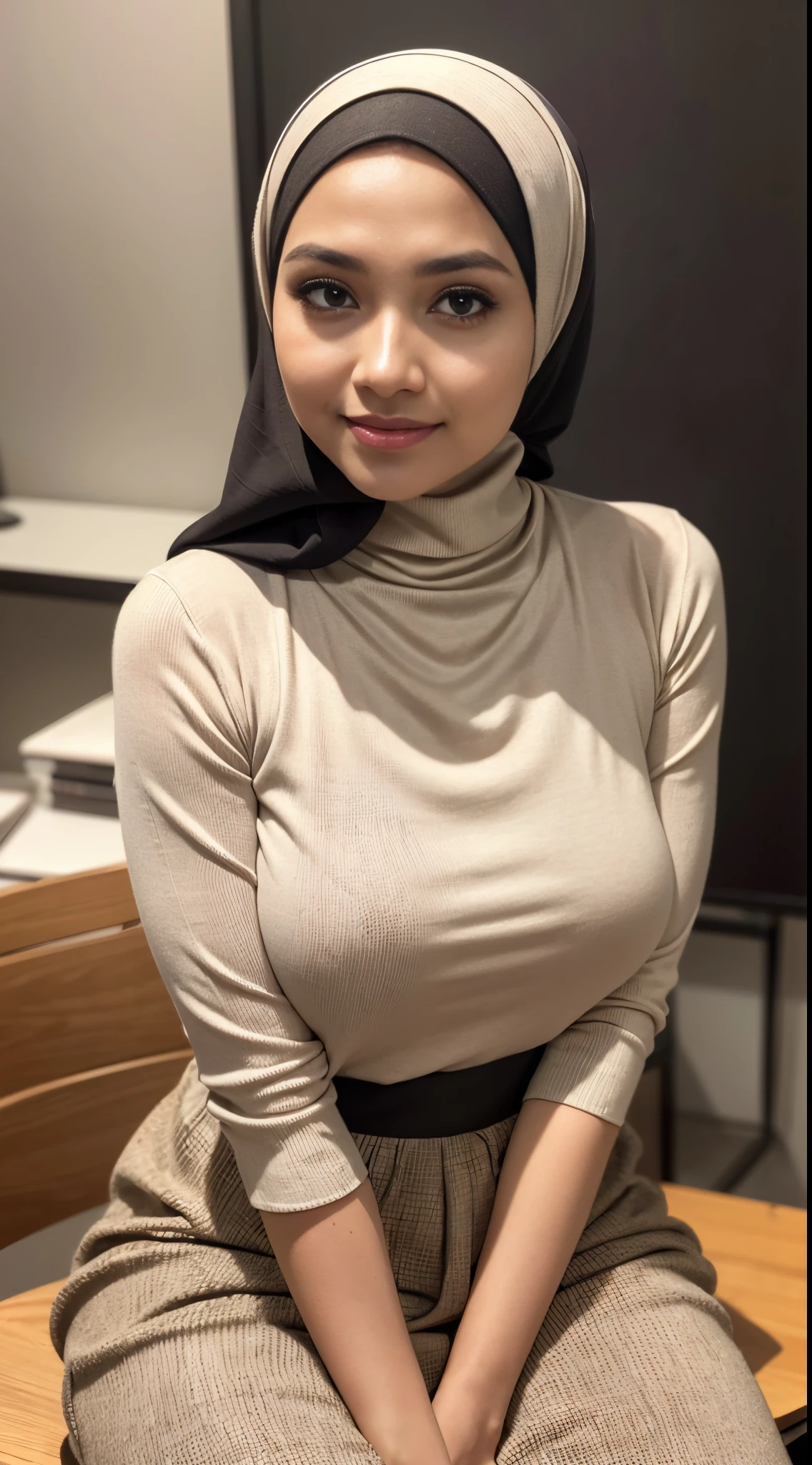 (((4, Indonesian Mature woman, mature age woman, Hijab, Wearing Tight Long-Sleeve T-shirt))), ((Natural Gigantic Breast : 1.4)), casual Pose, Smiling face, Professional Photoghraphy, work By Master Of Photoghraphy, At studio photo, High realistic Light, Deep photo, Full body shot, 32K Best Quality photo, Ultra-high reallistic Photo, Zooming Photo To Breast.