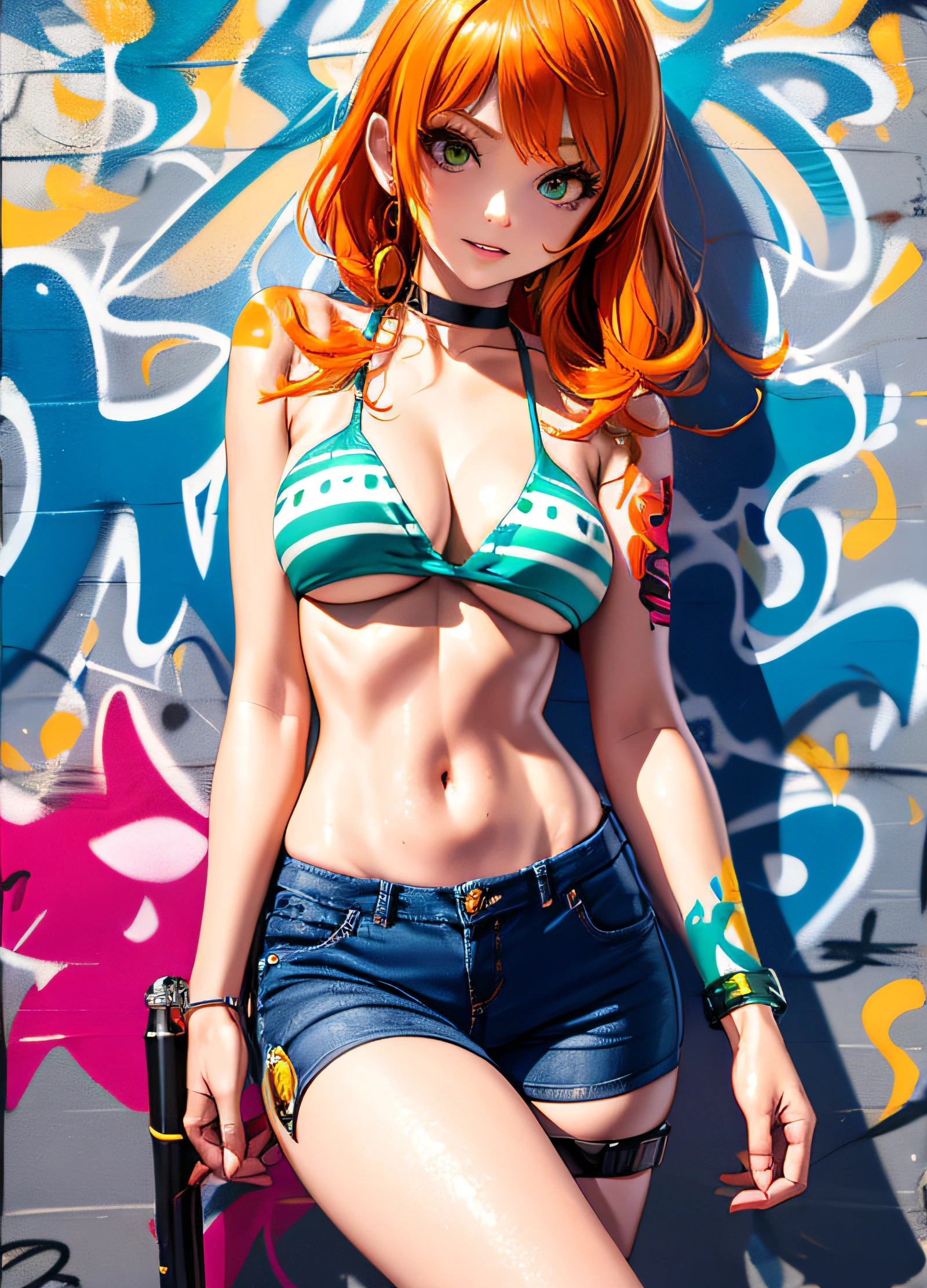 masterpiece, best quality, 1girl, solo, crop top, denim shorts, choker, (graffiti:1.5), paint splatter, arms behind back, against wall, looking at viewer, armband, thigh strap, paint on body, head tilt, bored, multicolored hair, aqua eyes, headset, Nami, Onepiece,