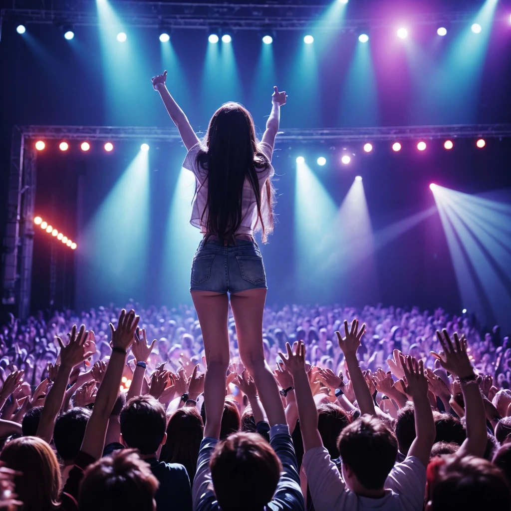 K-pop idols performing on stage, back view from down, black short tight dresses, song performance, Kpop girl group, riotous atmosphere, stage above the hall, (best quality, 8k, 16k, highres, masterpiece:1.2), ultra-detailed, (realistic, photorealistic, photo-realistic:1.37), professional, (music:1.1, performance:1.1), dynamic lighting, (moving lights:1.1, spotlights:1.1), energetic performance, powerful vocals, enthusiastic audience, dazzling stage effects, high-energy atmosphere, (excitement, adrenaline:1.1), charismatic lead vocalist, flawless stage presence, passionate performance, vibrant stage background, (cheering audience:1.1, waving light sticks:1.1), electrifying atmosphere, captivating stage presence, (explosive, high-intensity:1.1), (pop music, catchy melodies:1.1), crowd interaction, (empowering lyrics, motivational messages:1.1).