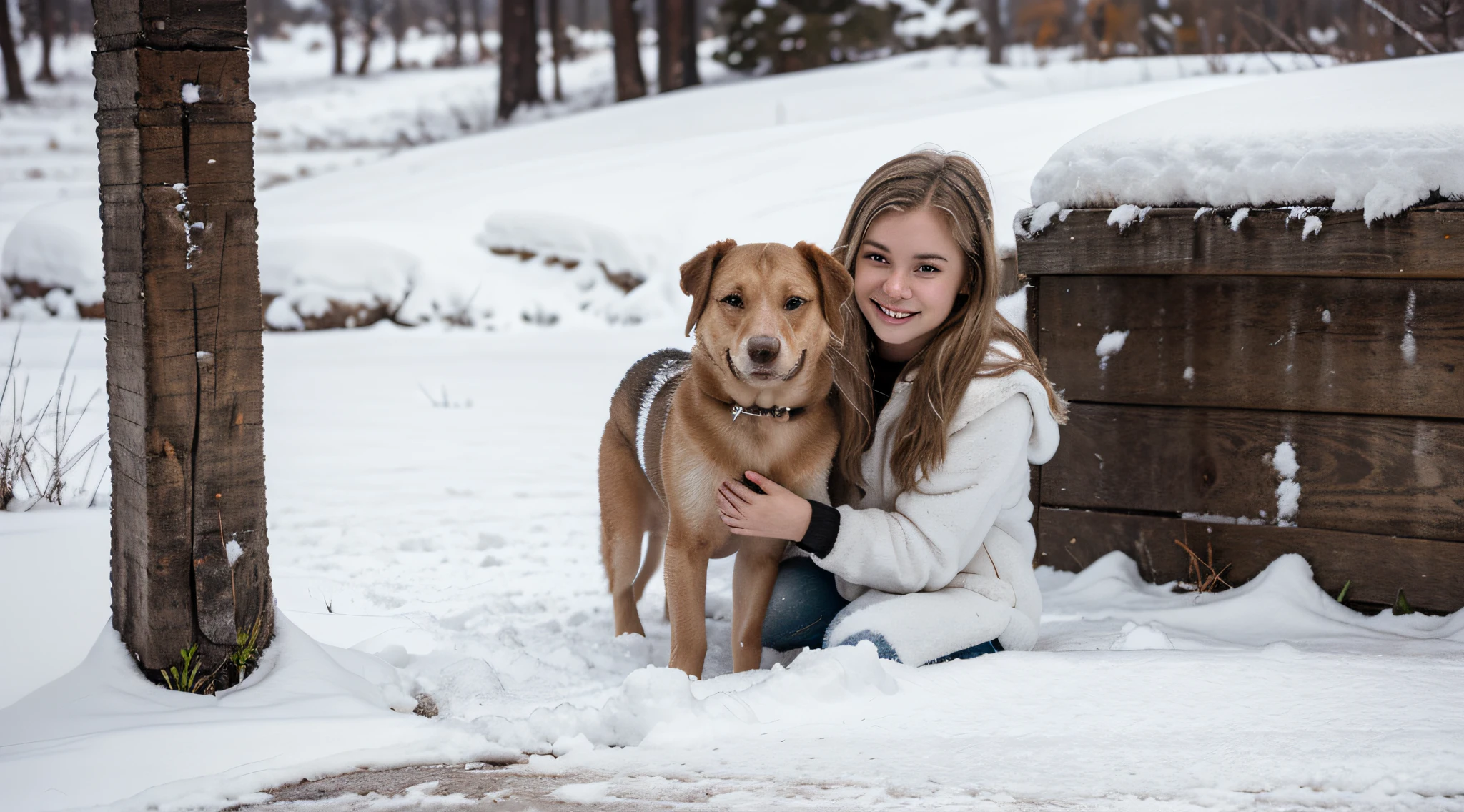 sentado em uma colina nevada com um cachorro branco KIDS GIRL BLONDE LONG HAIR , nas montanhas de neve,