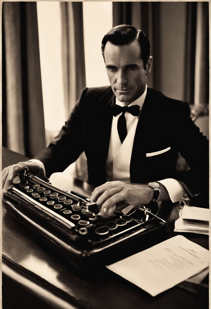 A sophisticated, artistic photo of a vintage typewriter with a sheet of paper sticking out,Mad Men TV Series,Don Draper, the enigmatic protagonist of the TV series “Mad Men,” is the epitome of 1960s advertising glamour with a complex and often mysterious persona. He is typically seen in impeccably tailored suits, symbolizing his high status in the advertising world and his attention to appearance as a tool for success. Draper’s classic, handsome features, characterized by a strong jawline and slicked-back hair, add to his charismatic yet inaccessible aura.