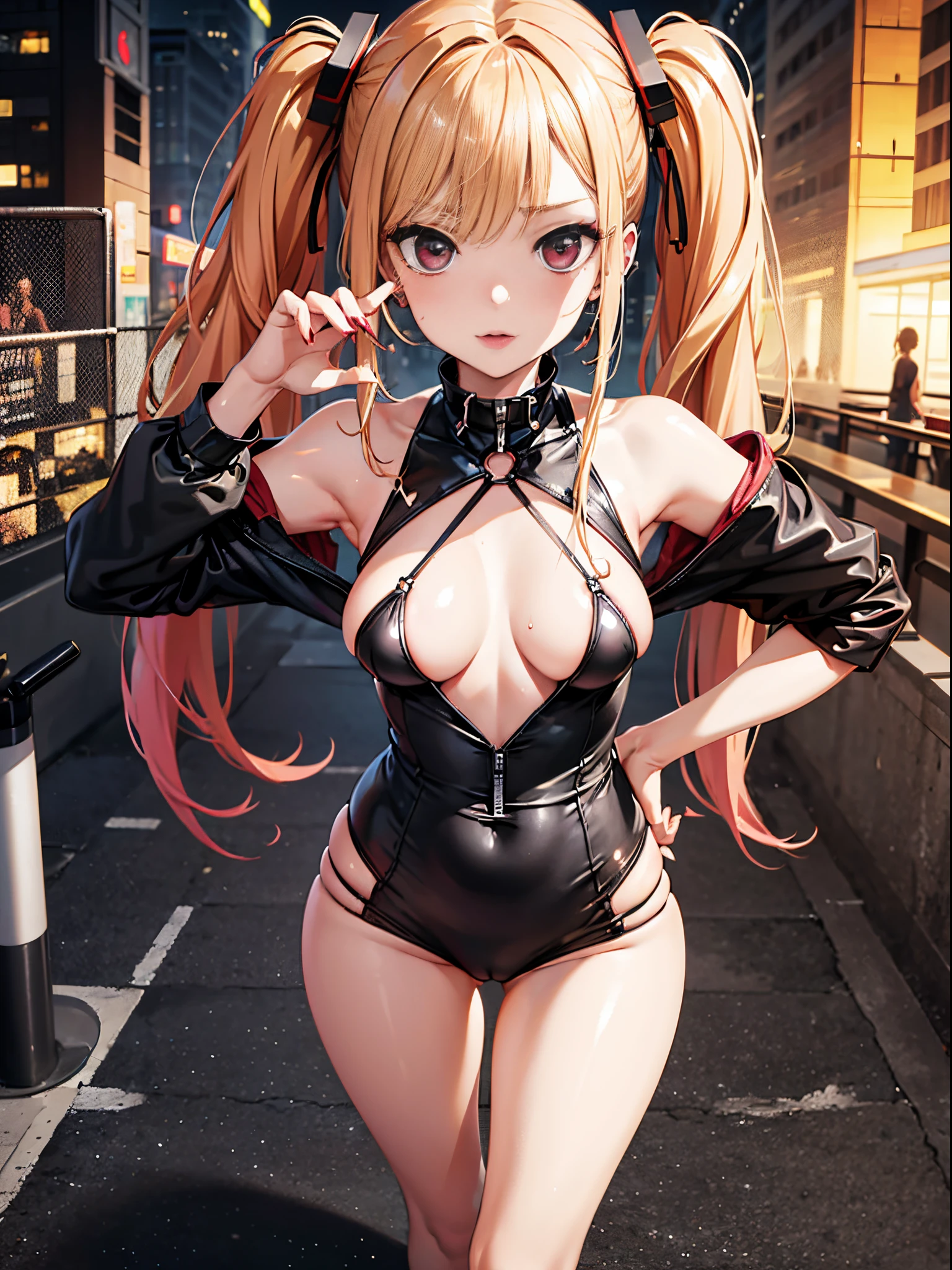 hight resolution, absurdres, best_Quality, Ultra_Detailled, 8K, extremely_clear, photo, beautiful, Beautiful face, Scharp Focus, HDR, 1girl, Clean eyes, very wide-eyed,cyberpunk megacity background , hanabi, Beautiful face, very red areola, standing , very seductive pose, very young, , no bra, bare chest, No Top, NSFW, Blond long hair with red ends, pierced ears, marin kitagawa, small tits, twintails