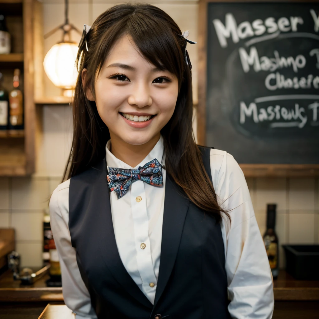Japanese bartender girl, bow tie, masterpiece, best quality, smile, vest
