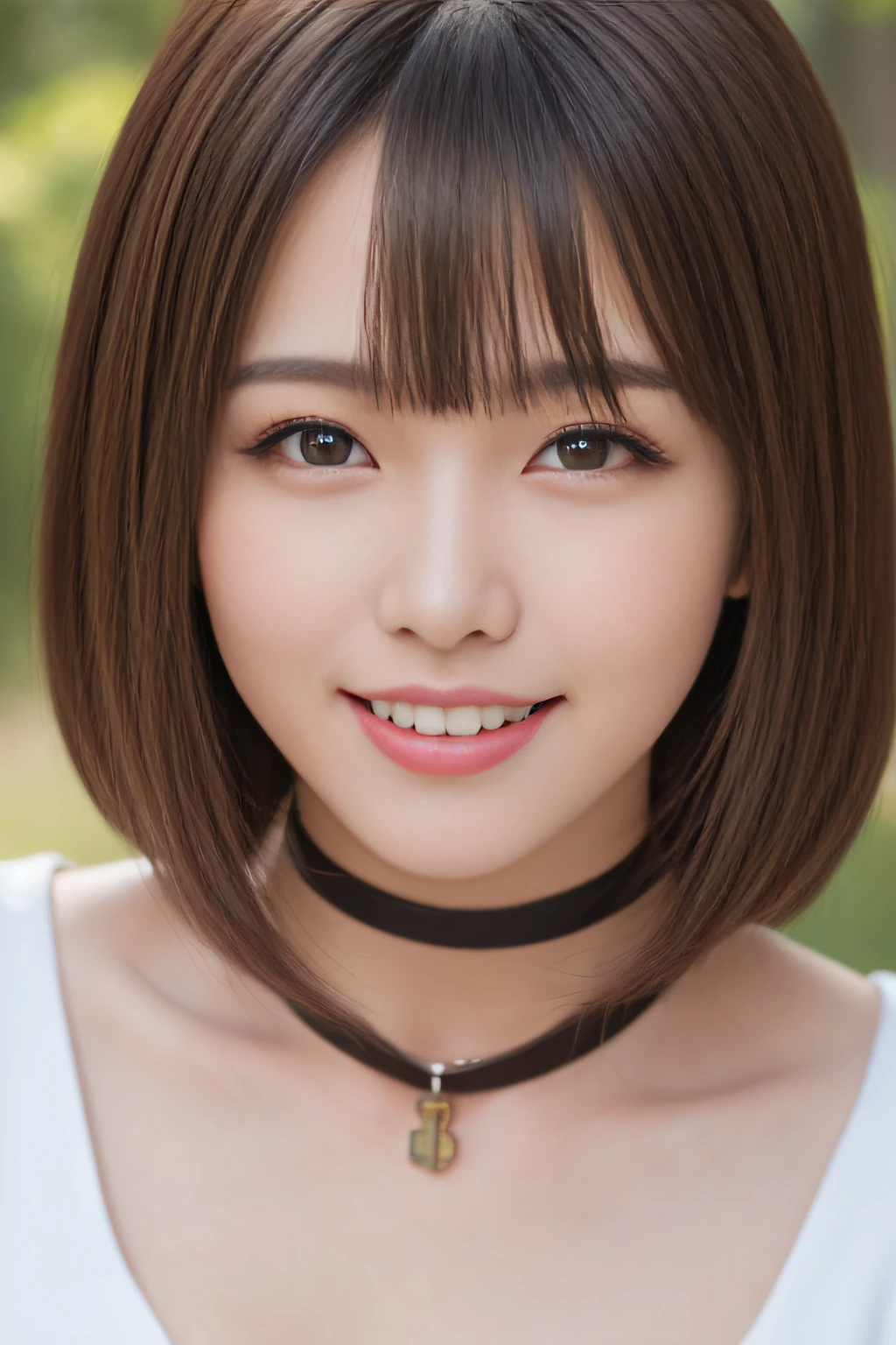 masutepiece, Best Quality, One girl, (Beautiful Girl:1.3), (20 years old:1.2), Very fine eye definition, (Symmetrical eyes:1.3), NSFW, (high detail mini dress、choker with lock:1.3), Beautiful breasts, Brown eyes, Parted bangs, Brown hair, Upper teeth、Background outdoor、Smile