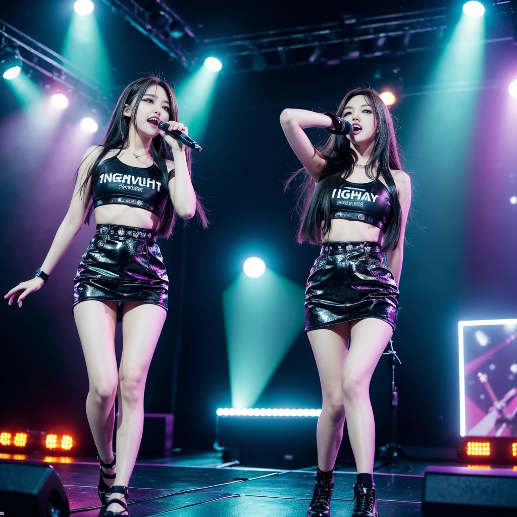 K-pop idols performing on stage, black short tight dresses, song performance, Kpop girl group, riotous atmosphere, stage above the hall, (best quality, 8k, 16k, highres, masterpiece:1.2), ultra-detailed, (realistic, photorealistic, photo-realistic:1.37), professional, (music:1.1, performance:1.1), dynamic lighting, (moving lights:1.1, spotlights:1.1), energetic performance, powerful vocals, enthusiastic audience, dazzling stage effects, high-energy atmosphere, (excitement, adrenaline:1.1), charismatic lead vocalist, flawless stage presence, passionate performance, vibrant stage background, (cheering audience:1.1, waving light sticks:1.1), electrifying atmosphere, captivating stage presence, (explosive, high-intensity:1.1), (pop music, catchy melodies:1.1), crowd interaction, (empowering lyrics, motivational messages:1.1).