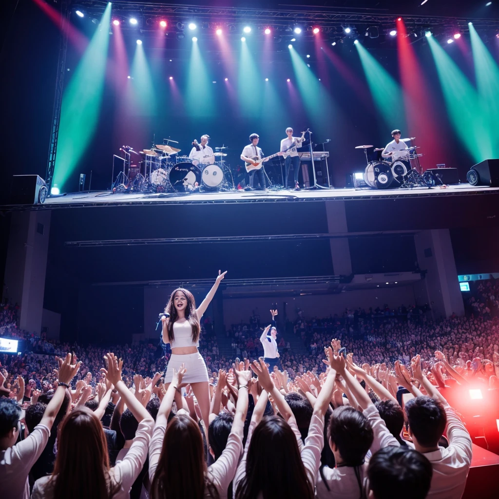 K-pop idols performing on stage, black short tight dresses, song performance, Kpop girl group, riotous atmosphere, stage above the hall, (best quality, 8k, 16k, highres, masterpiece:1.2), ultra-detailed, (realistic, photorealistic, photo-realistic:1.37), professional, (music:1.1, performance:1.1), dynamic lighting, (moving lights:1.1, spotlights:1.1), energetic performance, powerful vocals, enthusiastic audience, dazzling stage effects, high-energy atmosphere, (excitement, adrenaline:1.1), charismatic lead vocalist, flawless stage presence, passionate performance, vibrant stage background, (cheering audience:1.1, waving light sticks:1.1), electrifying atmosphere, captivating stage presence, (explosive, high-intensity:1.1), (pop music, catchy melodies:1.1), crowd interaction, (empowering lyrics, motivational messages:1.1).