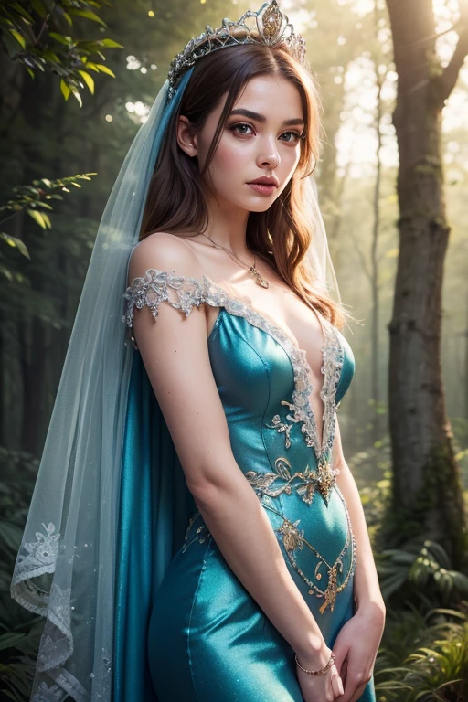 (best quality,4k,8k,highres,masterpiece:1.2),ultra-detailed,(realistic,photorealistic,photo-realistic:1.37),beautiful detailed eyes,beautiful detailed lips,extremely detailed eyes and face,long eyelashes,1girl,illustration,dragon scales,shiny silver hair,fair-skinned princess,fantasy princess theme,royal crown and tiara,sparkling jewelry,embroidered silk dress,ornate lace patterns,magical amulet,enchanted forest background,soft sunlight filtering through the trees,fairy lights illuminating the scene,vibrant colors,mystical atmosphere,ethereal glow,fantasy art style,surreal color palette,alluring expression,confident posture,regal aura,Whimsical fantasy scenery,hint of mystery