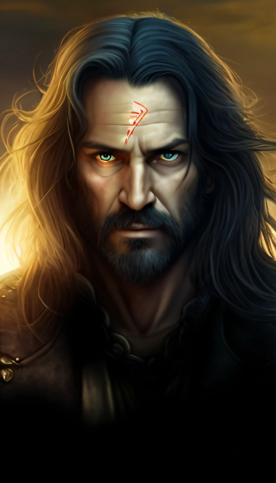 um homem com cabelos longos e barbas em um terno escuro, Retrato de Geralt de Rivia, Keanu Reeves como Geralt de Rivia, Vigo, the Carpathian, Retrato pintado de Odin acidentado, Aragorn, Geralt de Rivia, Retrato do personagem Baldur's Gate, retrato masculino da fantasia, Geralt (disambiguation), solomon kane, Retrato de fin wildcloak