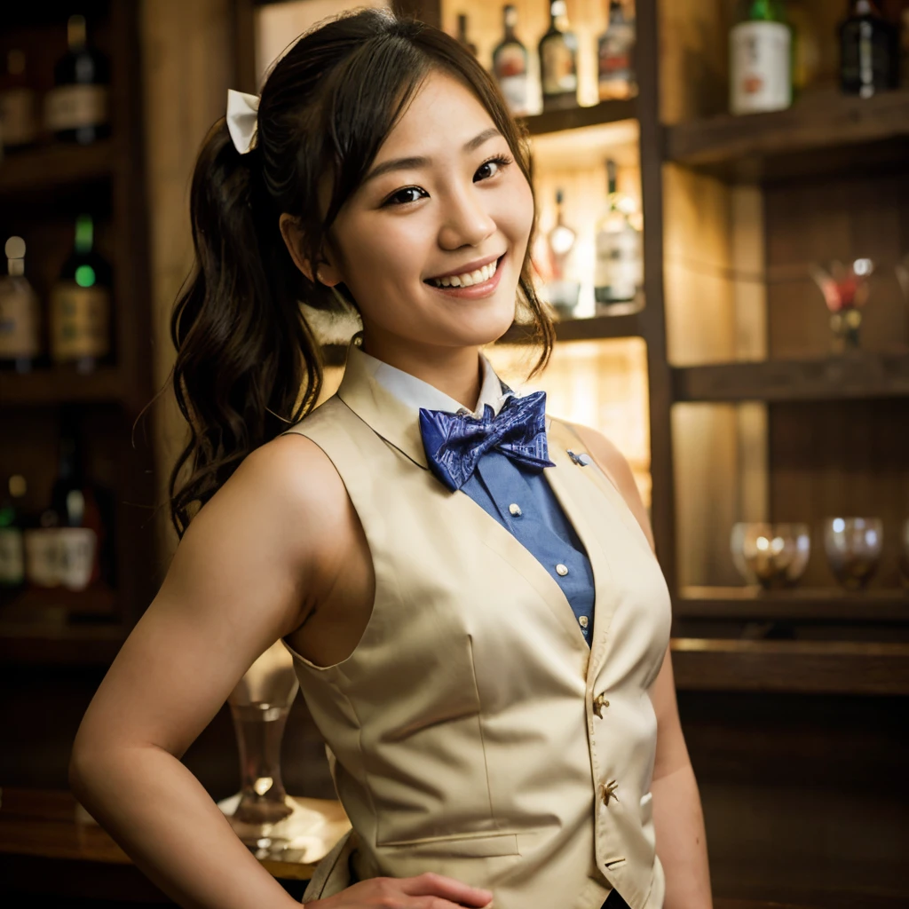 Japanese bartender girl, bow tie, masterpiece, best quality, smile, vest