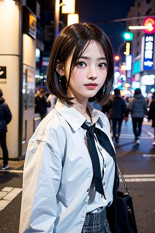(8K、Raw photography、top-quality、masterpiece:1.2)、(realisitic、Photorealsitic:1.37)、1 girl in、 only、cute little、adolable、(blue eyess)、(Shy smile:0.4)、(独奏)、详细的脸、oval-face、Thin almond eyes、(Brown hair shorthair:1.3)、Hair over one eye、A slender、medium breasts、Plain clothe、Collared shirt、Dramatic Angle、tilt of the head、fluorescent lamp、In the street、Harajuku、From thigh up、small head、(Facing the other side)、teens girl、piercings