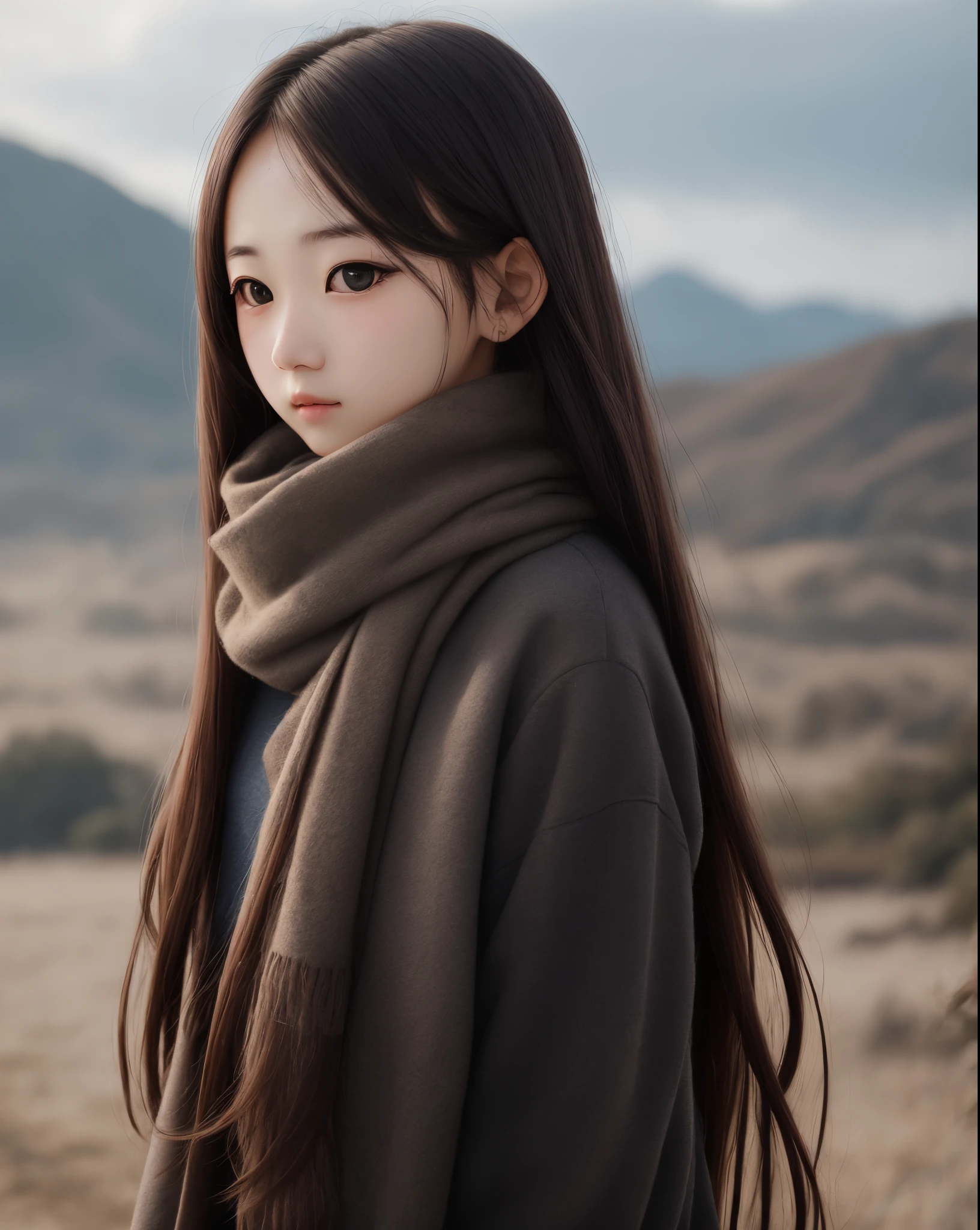 A girl with long hair and bad eyes wearing a muffler