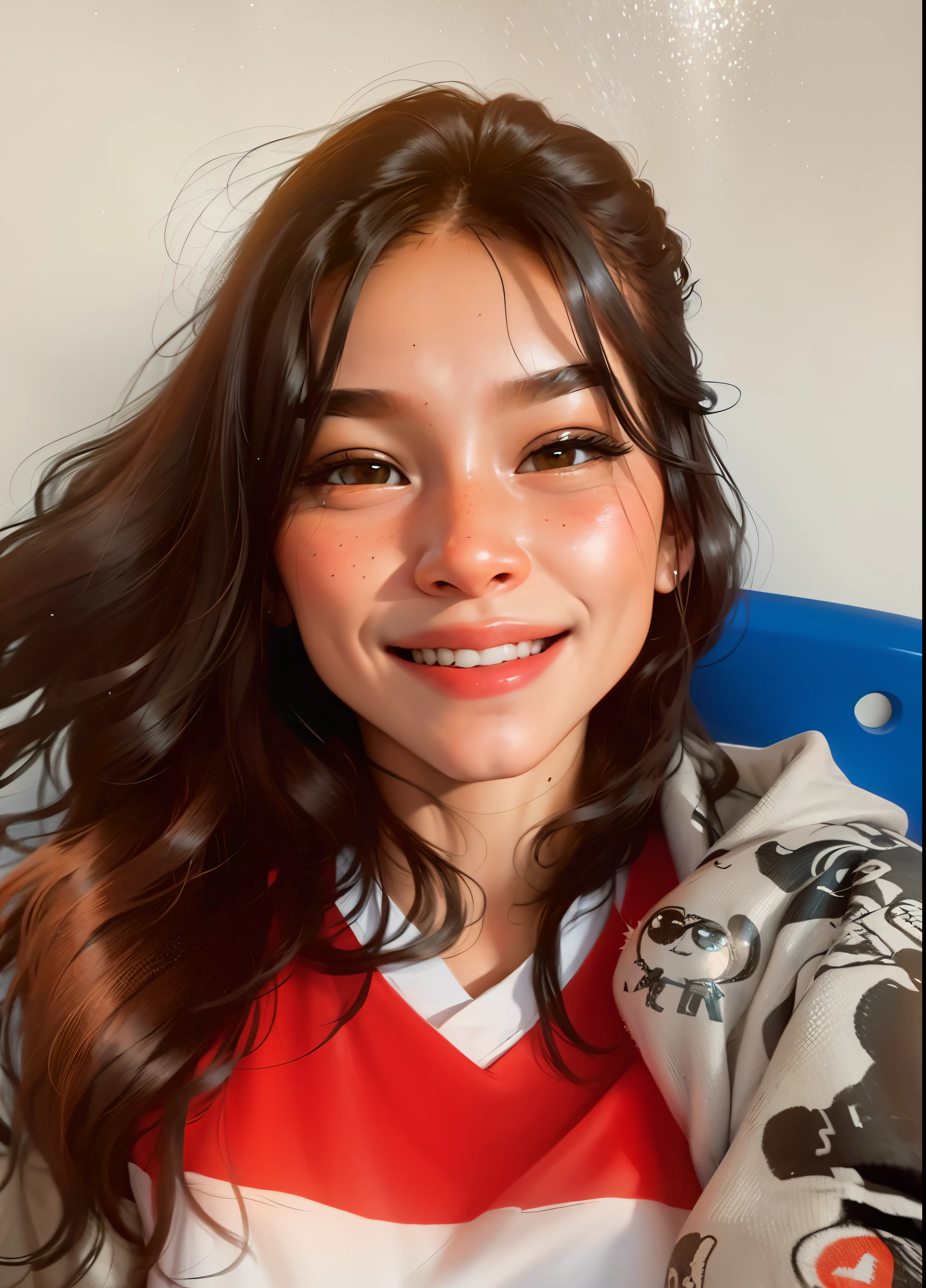 Jovem menina de 13 anos, longos cabelos castanhos sem maquiagem, sorriso gentil, (((barnet)))
